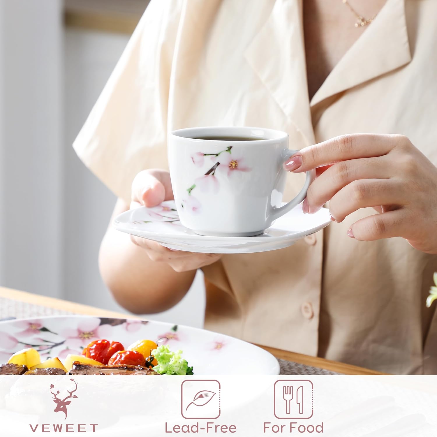 VEWEET 30 PCS Ceramic Dinnerware Sets for 6, Pink Floral Dish Set, ANNIE | Porcelain Dinner Set Including Dessert Plates, Soup Plates, Dinner Plates, Cups & Saucers, Microwave & Dishwasher Safe
