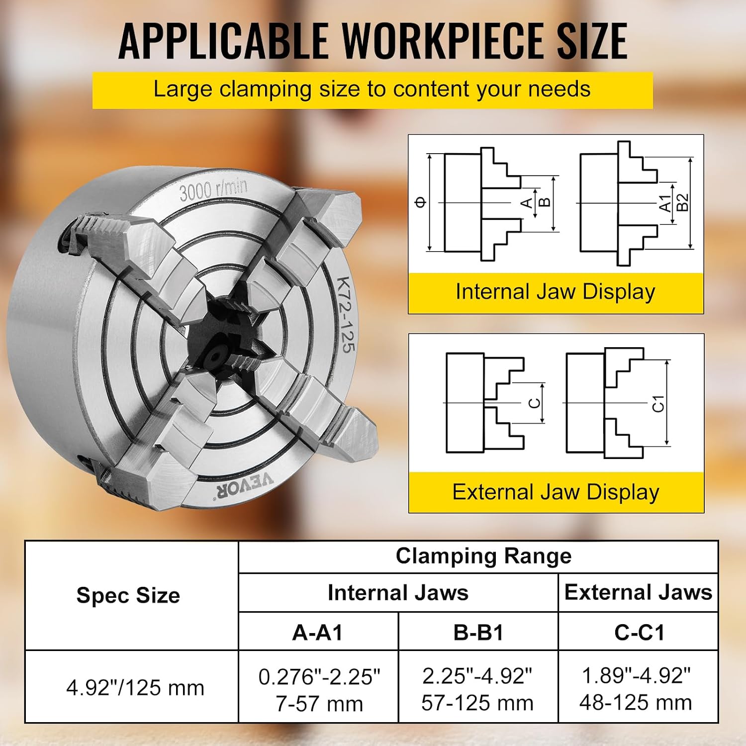 Vevor K72-125 Lathe Chuck 5 Inch 4-Jaw, Lathe Chuck Independent Reversible Jaw, Metal Lathe Chuck Turning Machine Accessories