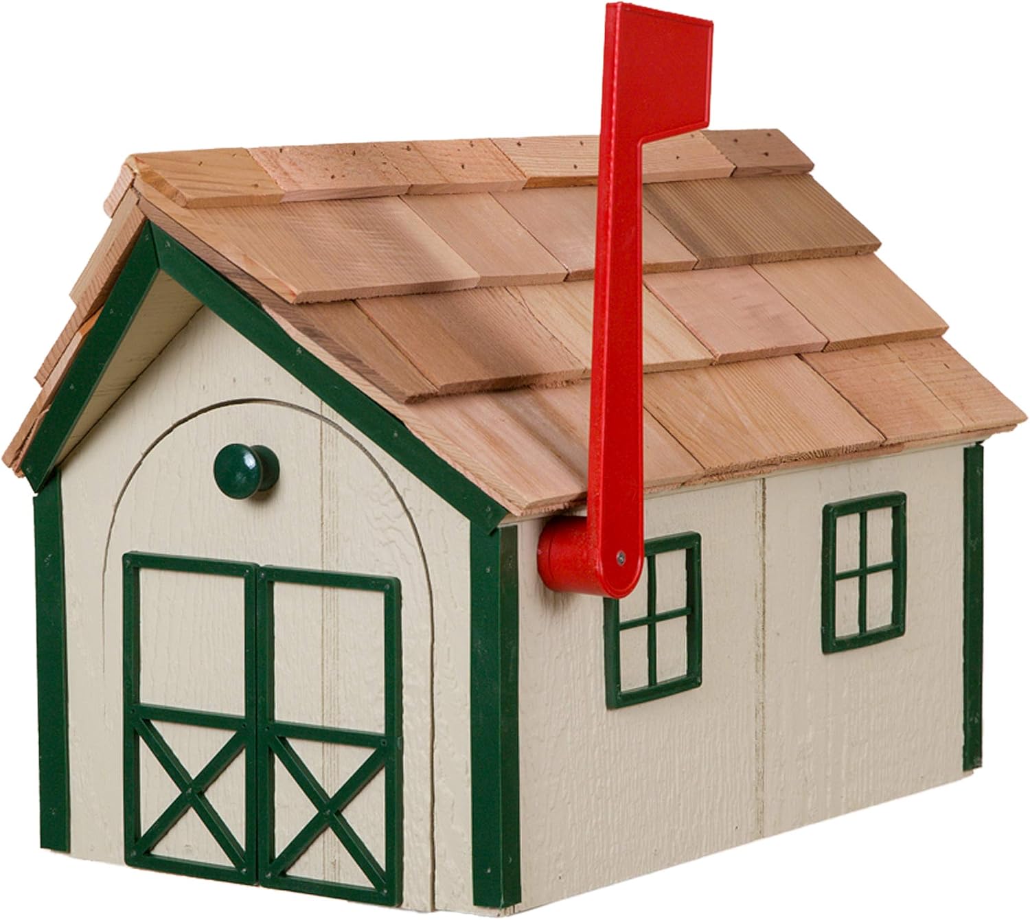 Barn Style Mailbox Beige with Green Trim