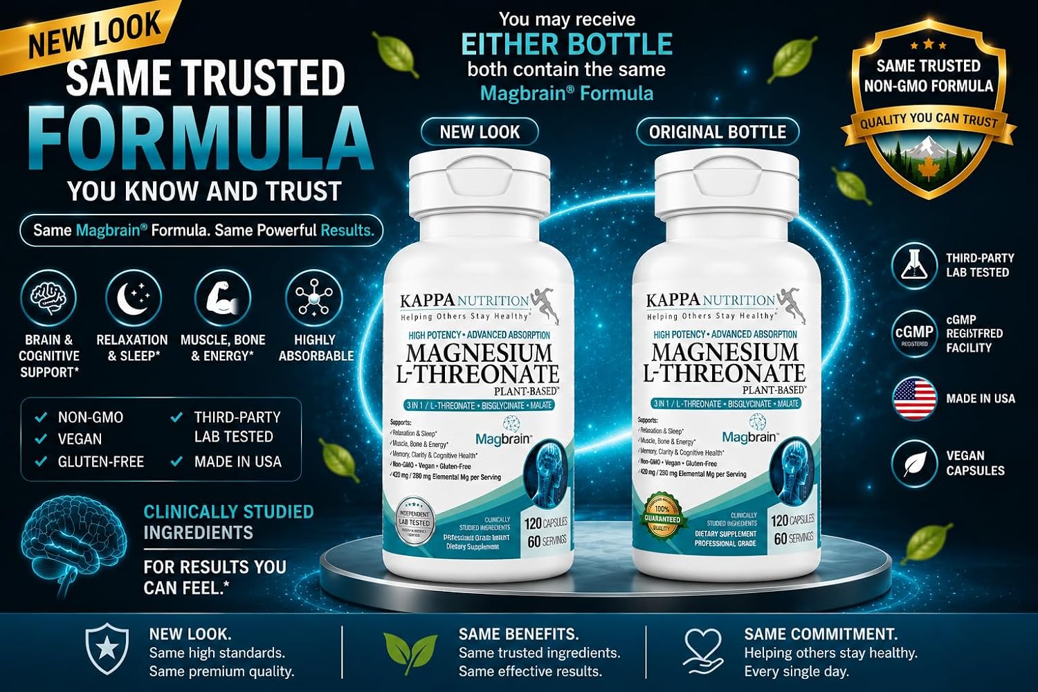 Kappa Nutrition Powered by Magbrain™ Magnesium L-Threonate Plant-Based, 420mg Elemental Magnesium (3 Capsules) from 2, 253mg, 120 Vegan Capsules