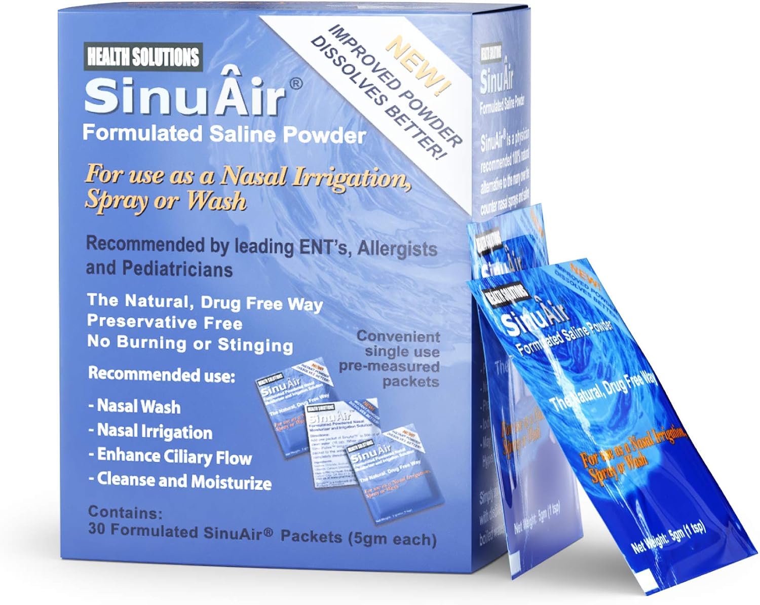 SinuAir Sinus Rinse Salt Solution - Saline Powder for SinuPulse System, Neti Pot Flush, Nasal Wash Squeeze Bottle, & Nose Irrigation, Enhanced Formulation & Cleaning for Sinuses, 180 Packets