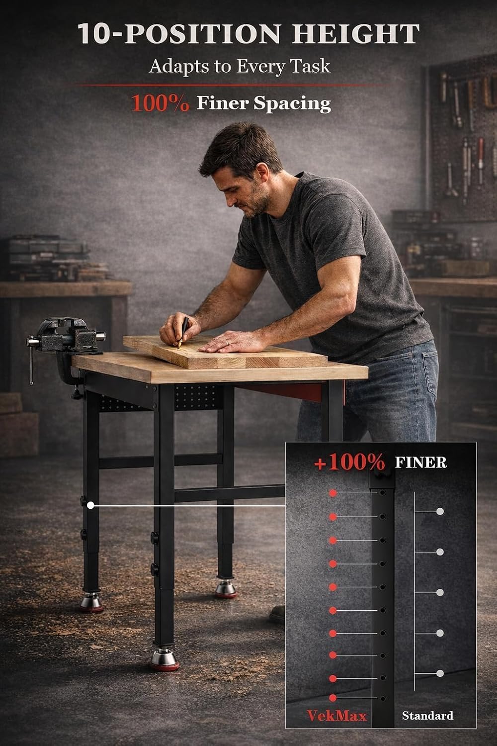 60" Heavy Duty Workbench, 2500 LBS Load Capacity Work Bench with 1.2" Laminated Oak Wood Top & Reinforced Steel Frame, Adjustable Height Work Table for Garage, Workshop, Office, Home (Casters)