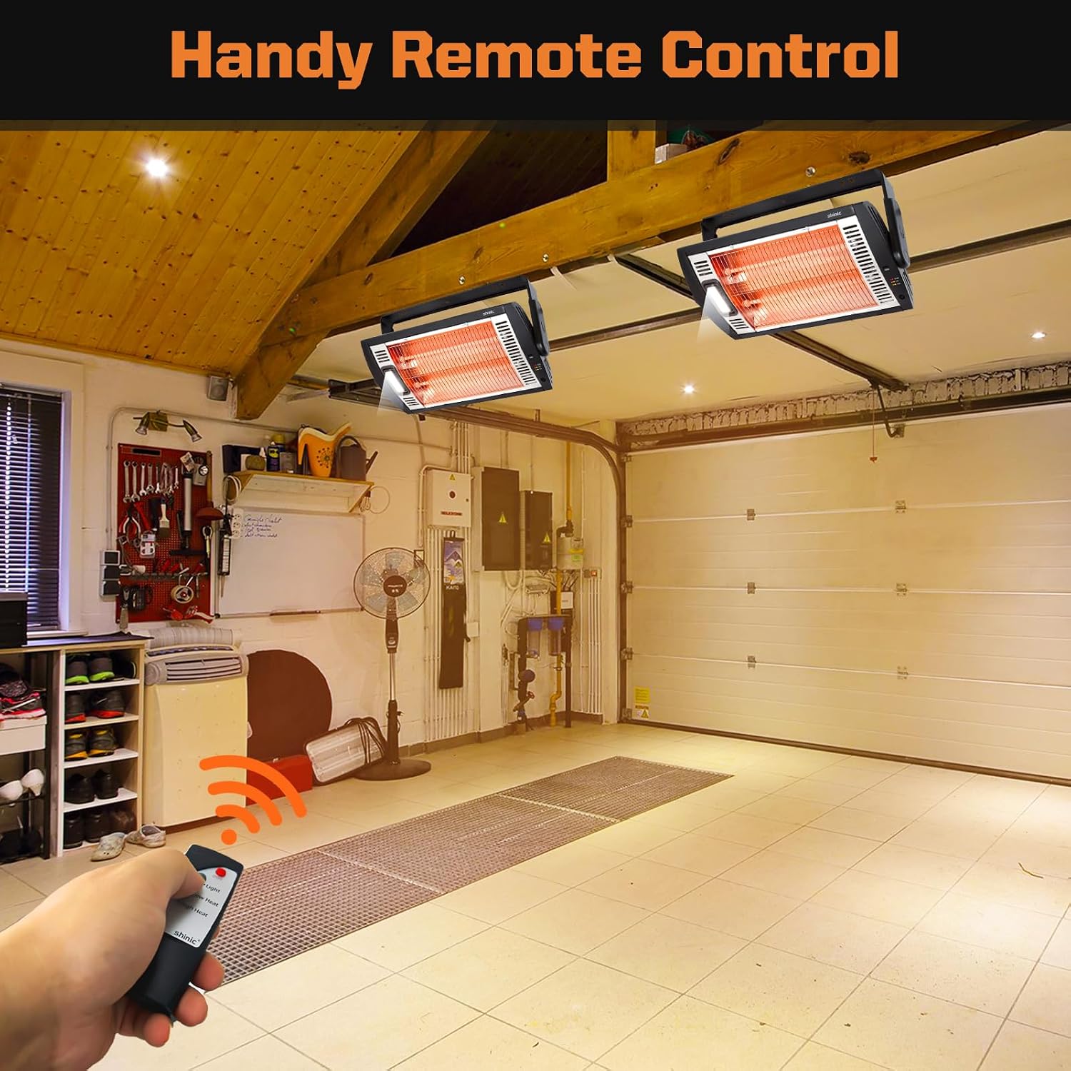 Shinic Electric Garage Heaters with Remote Control, 1500W/750W Ceiling Mounted Radiant Quartz Heater with Work Light, 90° Rotation, 5 Mode Settings