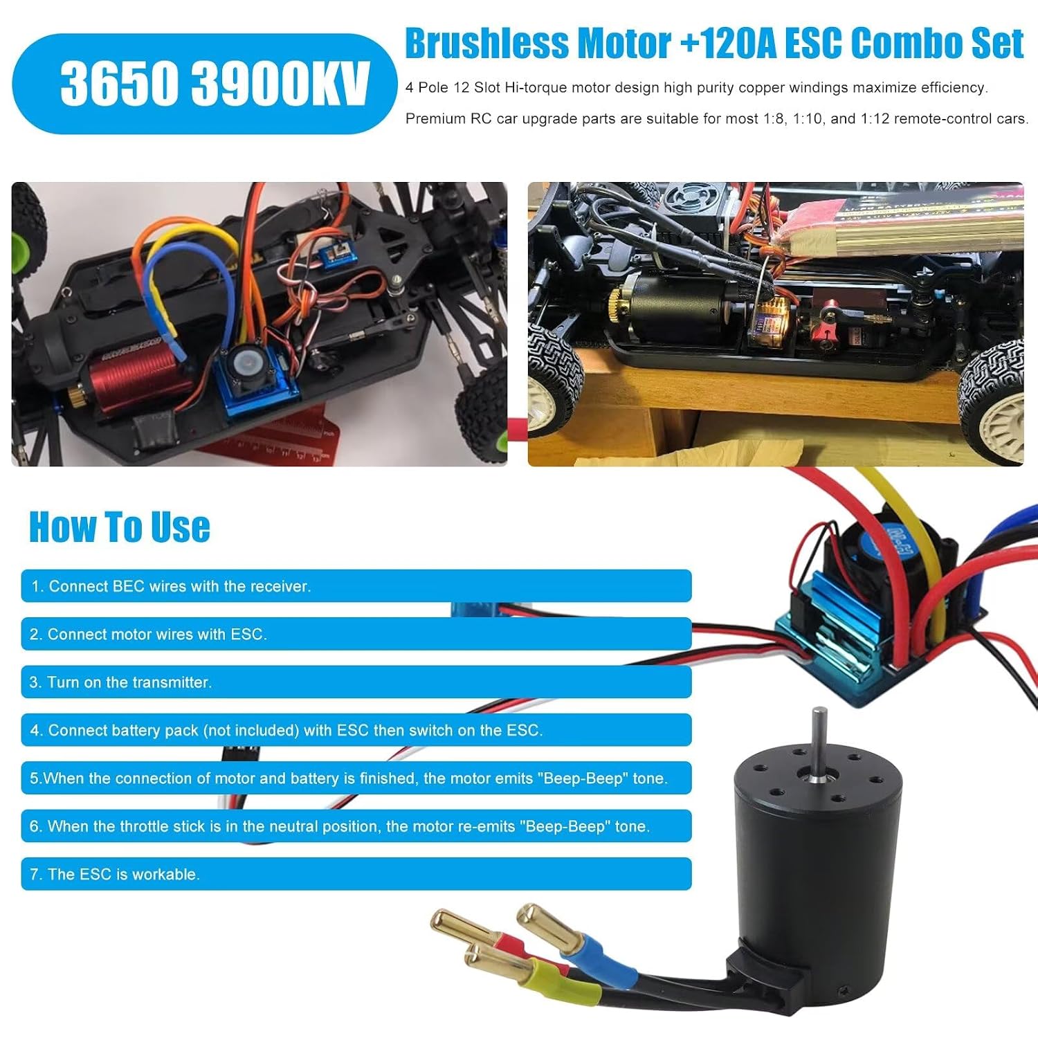 New Brushless Motor ESC Combo Set 3900KV 120A for 1:8 1:10 1:12 Scale RC Vehicles