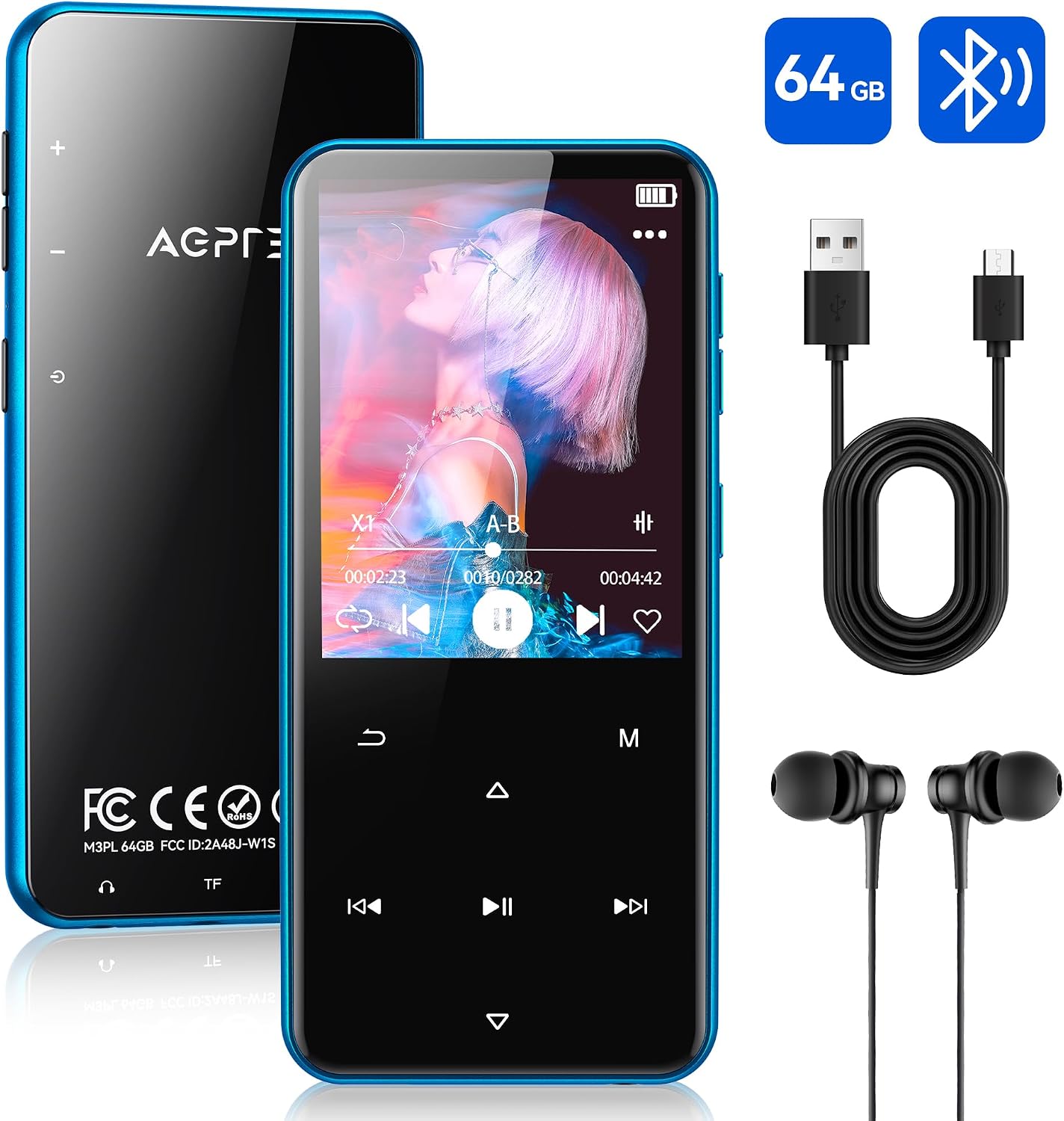 AGPTEK 64GB MP3 Player with Bluetooth, M3 2.4'' Player with Speaker | with FM Radio, Touch Buttons, Supports Up to 128GB(Purple)