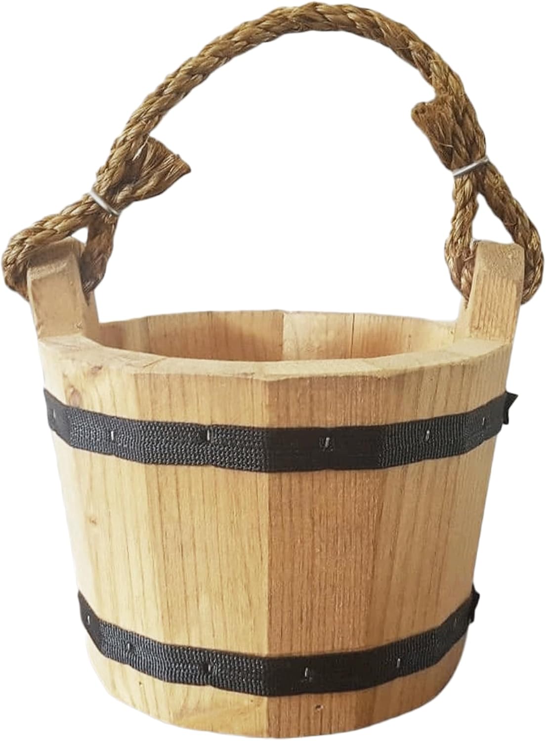 GOOD WOOD - Wooden Bucket 6" x 8" Water Wishing Well Pail with Rope Twine Handle Solid Wood Vintage Style Primitive Planter - Made in the USA