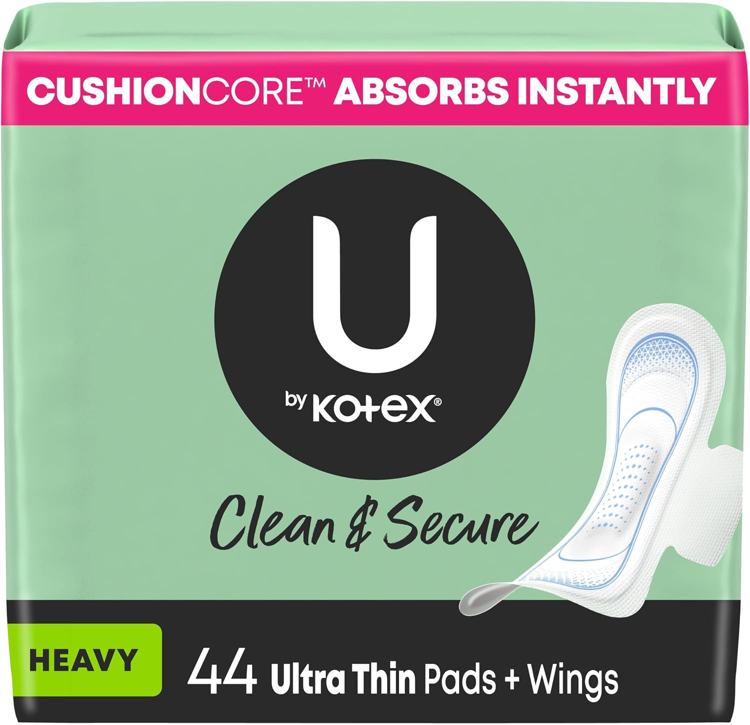 U by Kotex Clean & Secure Ultra Thin Pads, Regular Absorbency, 176 Count (4 Packs of 44) (Packaging May Vary)