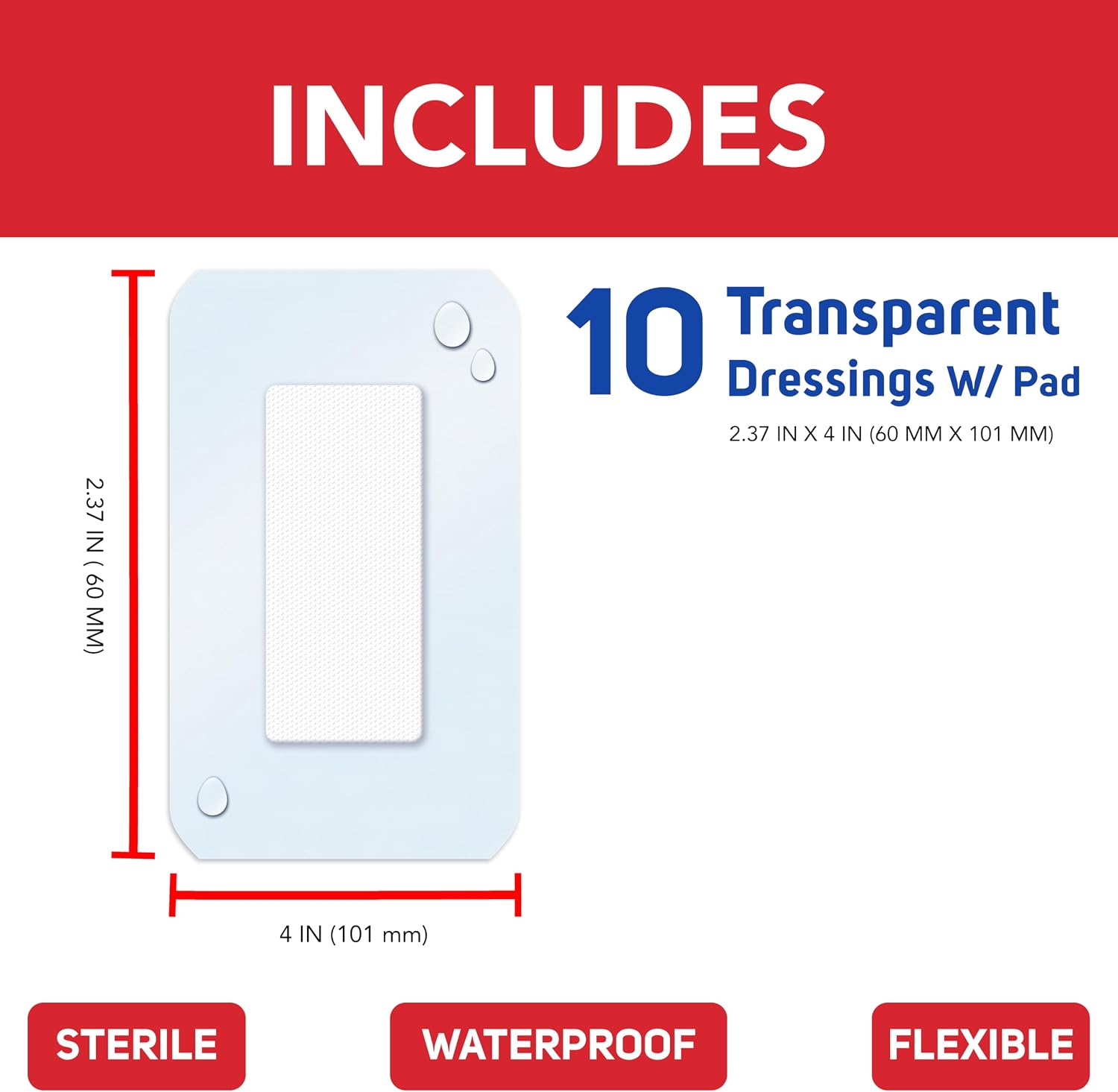 All Health Waterproof Transparent Dressing & Pad, 2.375in x 4in, 10 Count