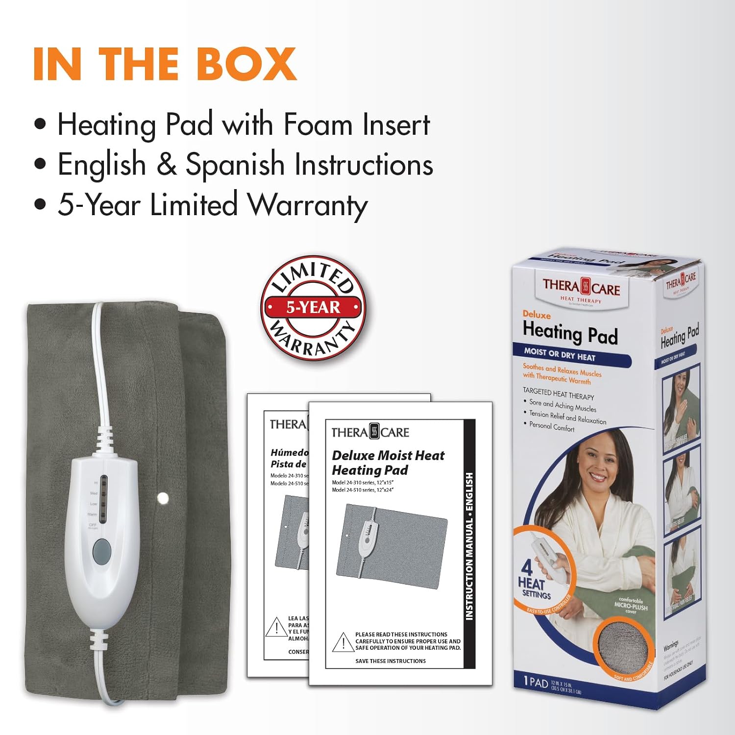 Deluxe Heating Pad Moist/Dry Heat Therapy | Moist & Dry Heat Therapy for Sore Muscles, 4 Heat Settings, Sponge Included, Machine-Washable Cover
