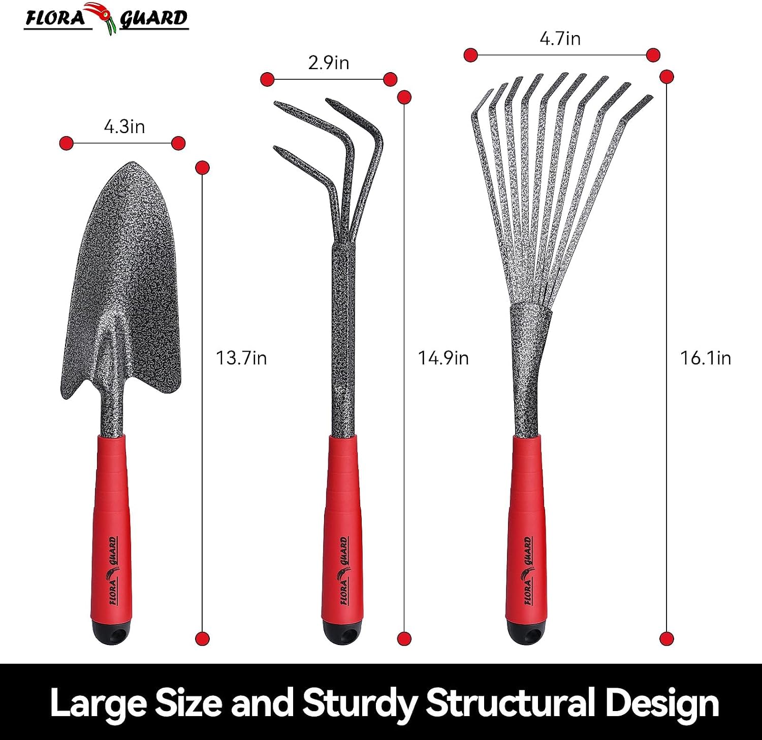 FLORA GUARD 6-Piece Garden Tool Set | Heavy Duty Gardening Hand Tools with High Carbon Steel Including Trowel, Rakes, 2-in-1 Hoe and Crack Weeder