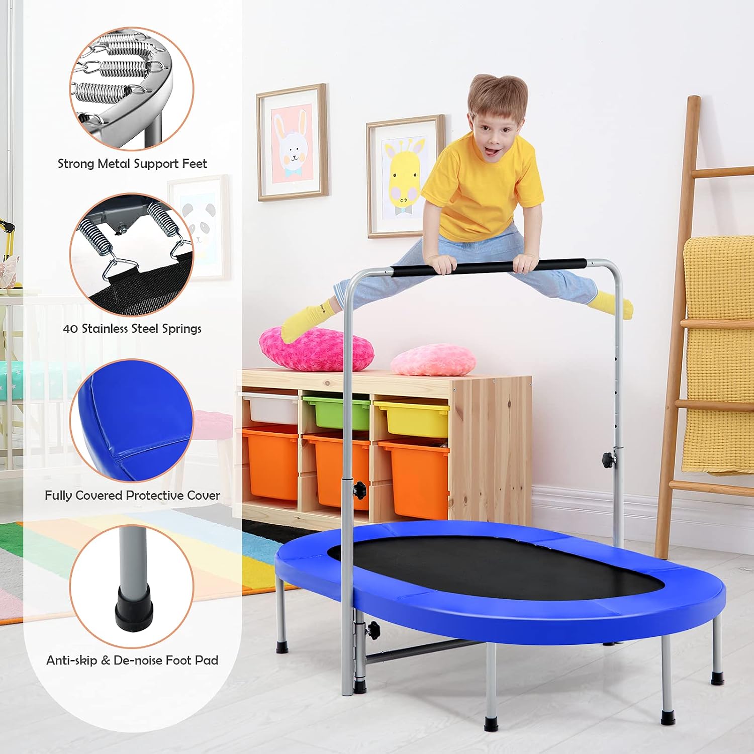Giantex Mini Trampoline, 2 Persons Foldable Fitness Trampoline w/ 5 Levels Height Adjustable Handle, Max Load 330LBS