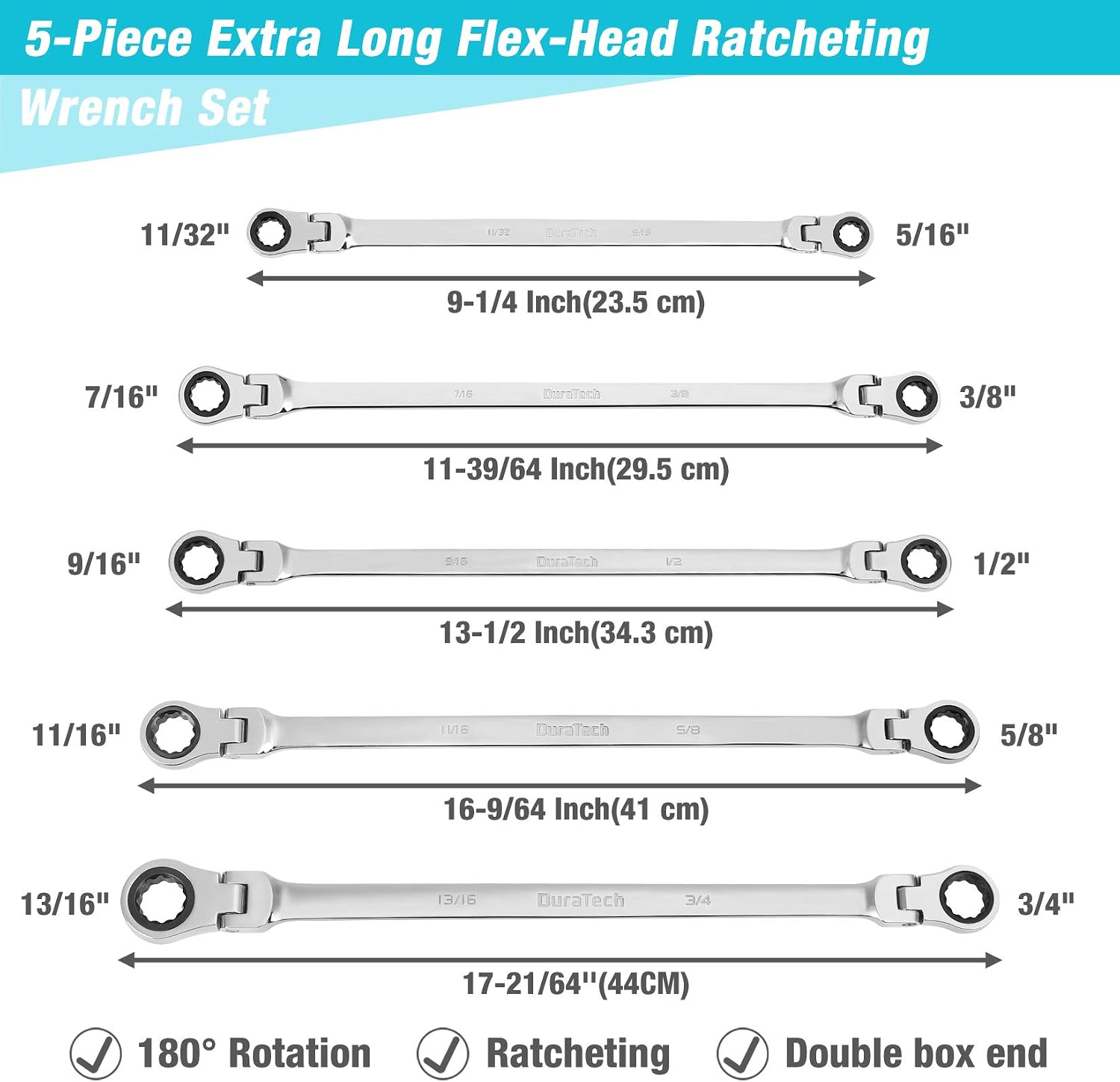 DURATECH Extra Long Flex-Head Ratcheting Wrench Set, 5-Piece, SAE