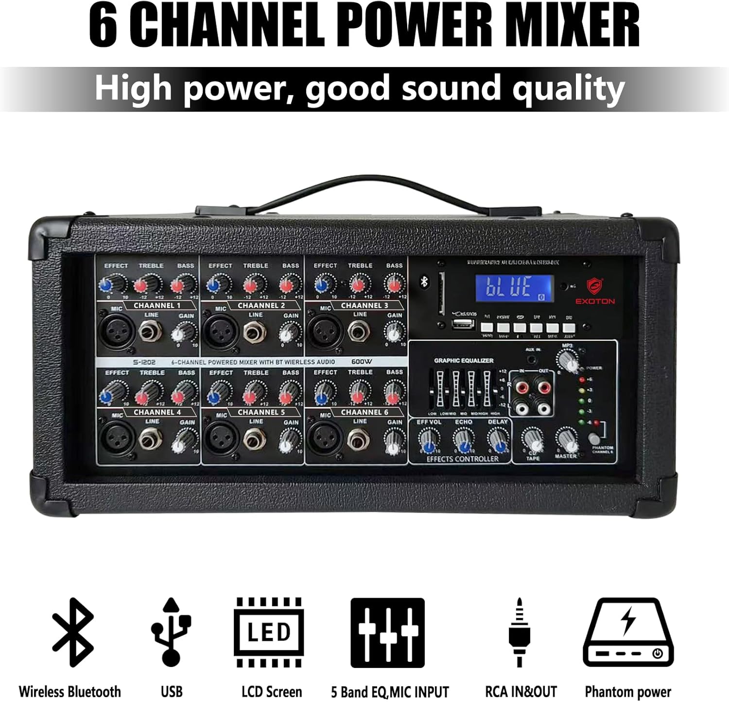 S-1202 12inch 2000W Bluetooth PA System with Powered Mixer Set | Passive Speakers with 6 Channel Mixer /Stands /Mic/ Effect Controller/ 48V Phantom