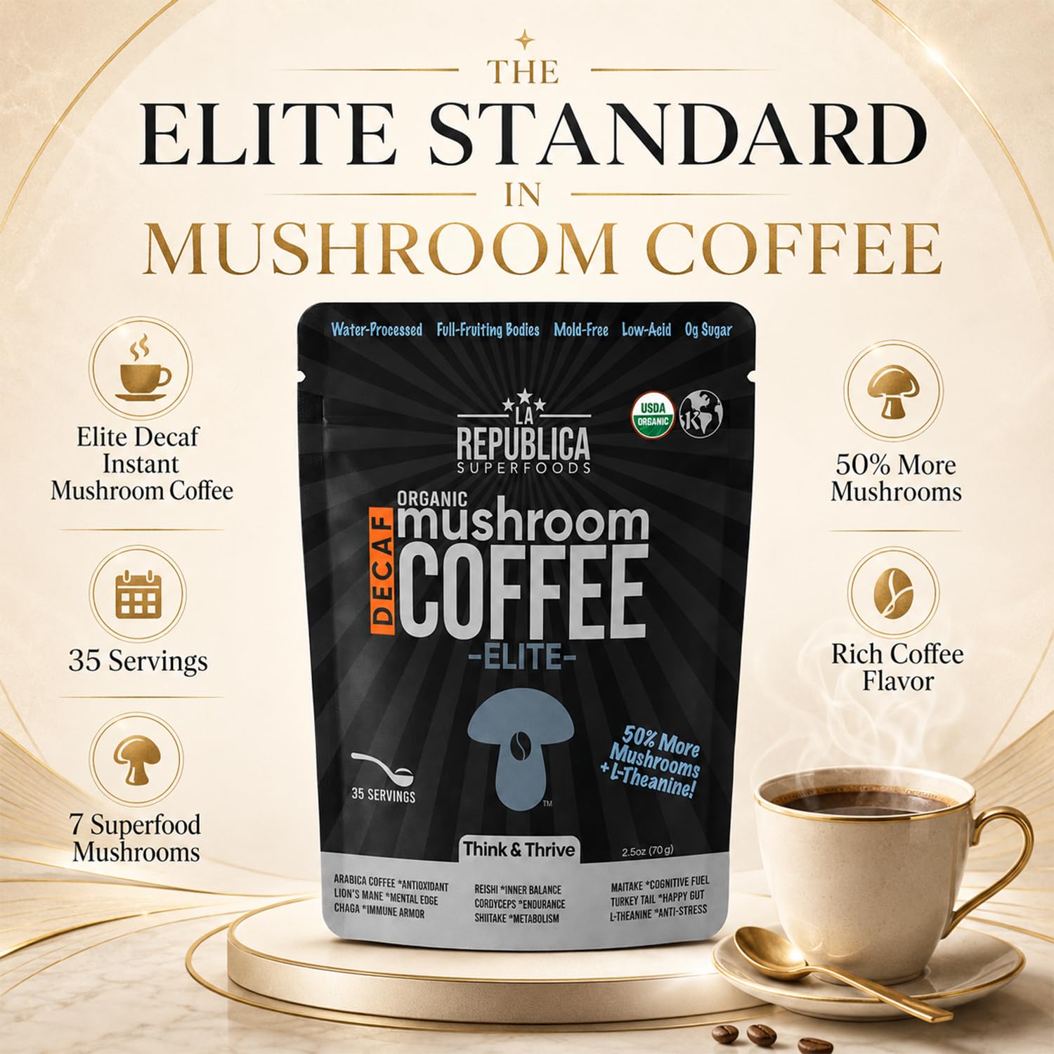 La Republica DECAF Organic Mushroom Coffee (35 Servings) with 7 Superfood Shrooms, Great Tasting Instant Mix Includes Lion's Mane, Reishi, Chaga, Cordyceps, Shiitake, Maitake, and Turkey Tail (Decaffeinated)