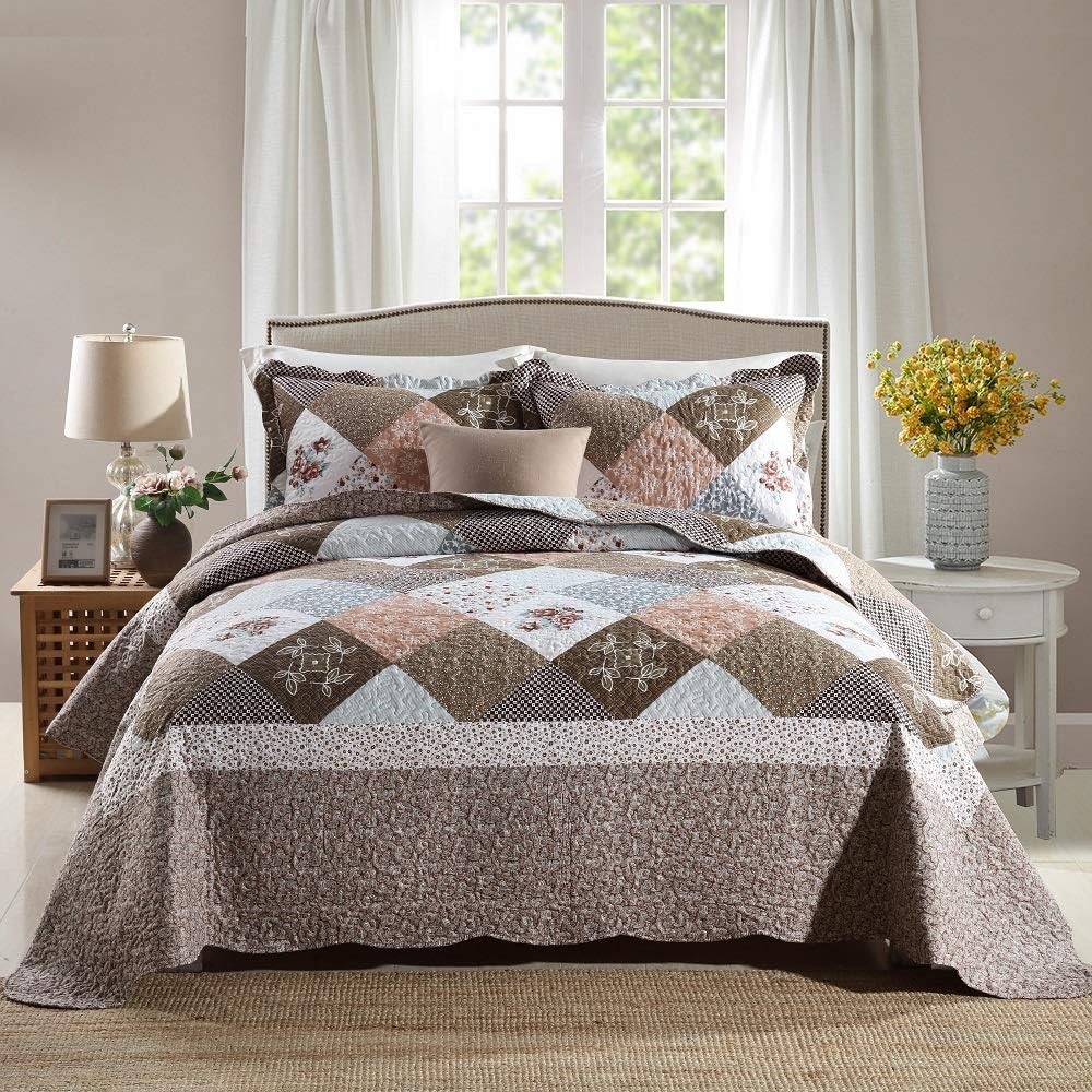 Travan Queen Quilt Set 3-Piece Bedspread Quilted Oversized Lightweight Microfiber Coverlet Set with Shams Violet Purple Floral Pattern Quilted