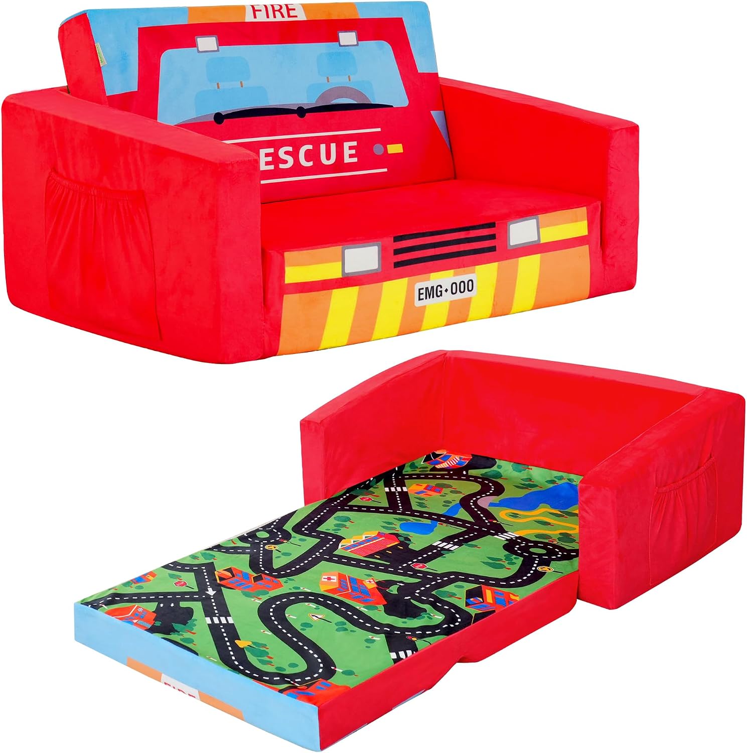 MallBest Kids Sofas Children's Sofa Bed Baby's Upholstered Couch Sleepover Chair Flipout Open Recliner(Red/Fire Truck)