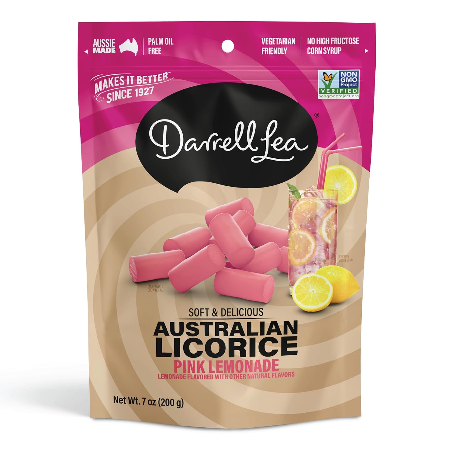 Darrell Lea Soft Australian Licorice, Non-GMO, No Palm Oil, Vegetarian Friendly, No High Fructose Corn Syrup, Soft & Chewy Licorice Candy, Made in Australia (Strawberry, 7 Ounce (Pack of 1))