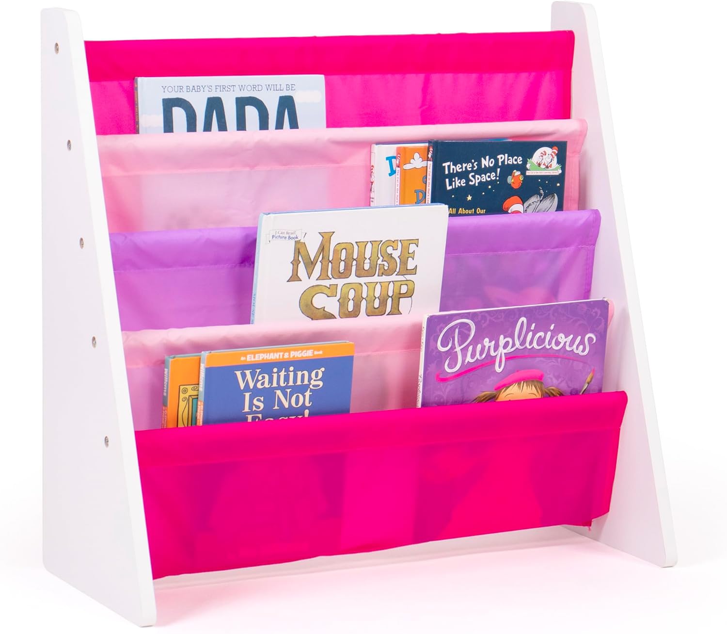 Humble Crew Kids Bookshelf, Montessori Front Facing Toddler Bookcase 4 Tier | Book display rack and reading nook organizer, nylon pockets show covers face out, compact for any playroom or bedroom space