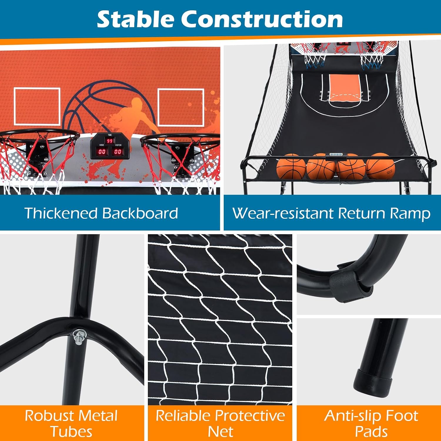 GYMAX Arcade Basketball Game Indoor Foldable with 8 Game Modes, Arcade Sound, 4 Balls and Inflation Pump, Electronic Basketball Games for All Ages Home