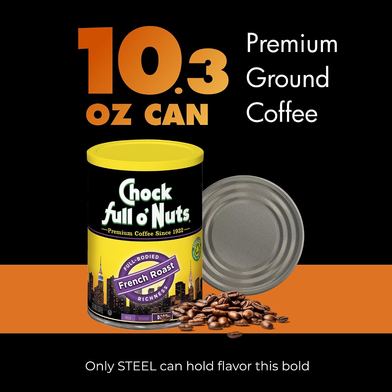 Chock Full o' Nuts French Roast Ground Coffee – Premium Beans in Recyclable Steel Can – Rich Flavor & Aroma, Dark Roast – Perfect for Drip, Pour-Over, Percolator – 26 Oz Can