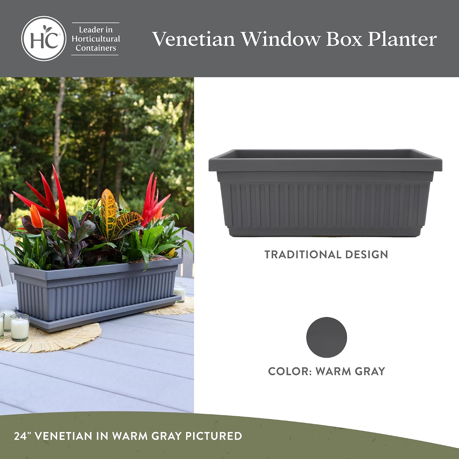 The HC Companies Venetian Window Planter Box w/Drain Plug - Long Planter Box for Windowsills, Balconies & More - Plastic Rectangular Outdoor Planters for Herbs & Flowers (18" Clay, Pack of 1)