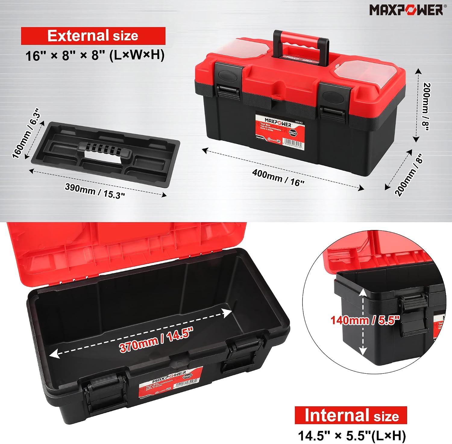 MAXPOWER Small Tool Box, 14-inch Plastic Tool Boxes with Handle | Removable Tray with Dual Lock Secured, Red Toolbox for Home