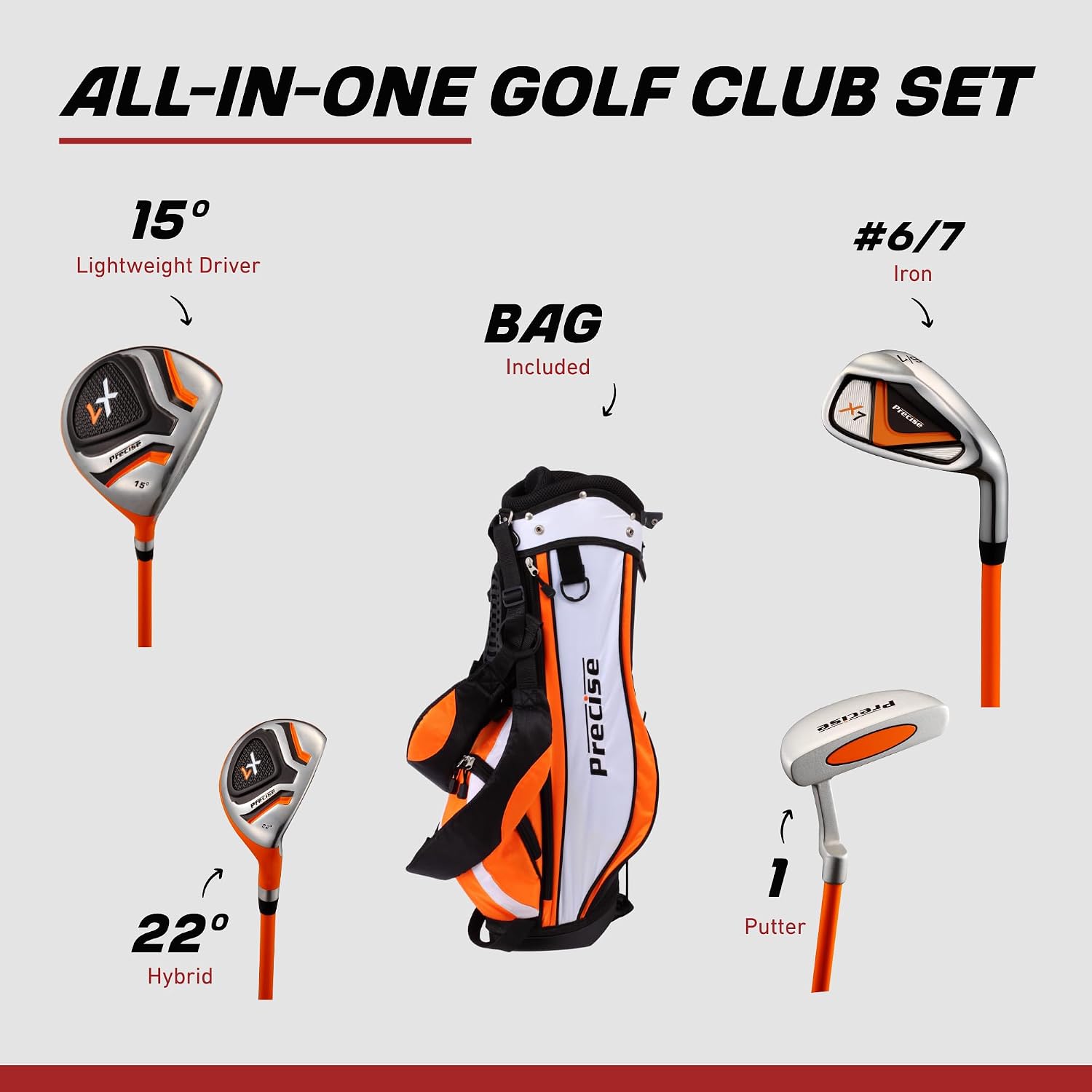 Precise - Kids Golf Club Set | Lightweight graphite shafts, hybrid & irons, putter, stand bag included, for boys and girls, ages 3-12, left/right hand