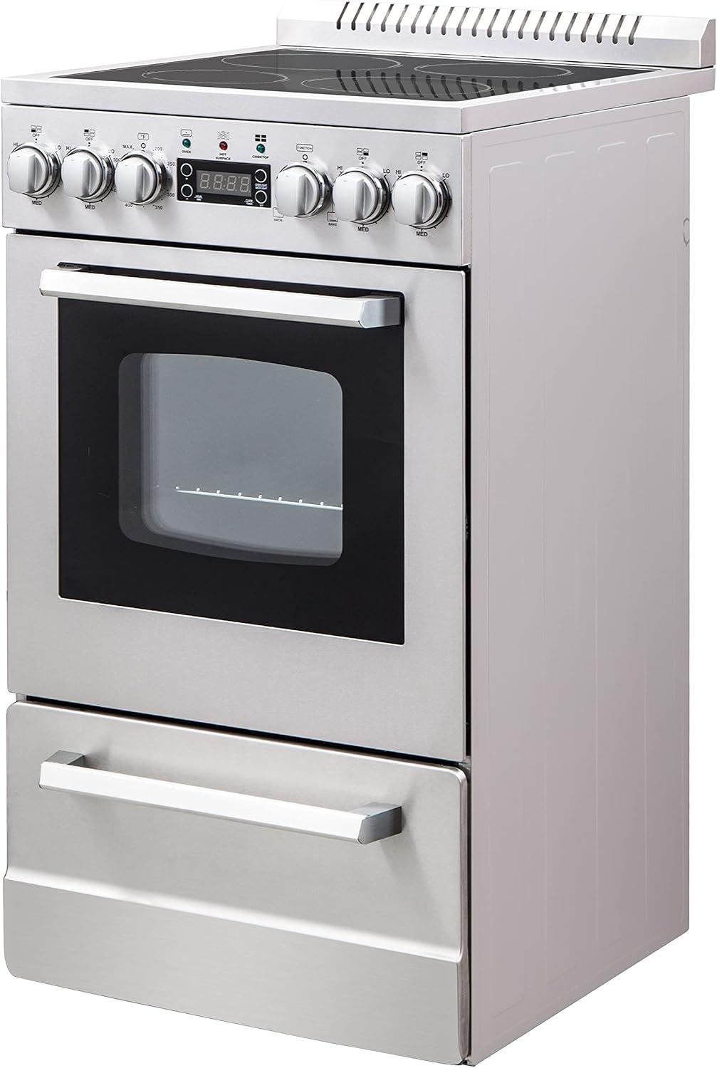 Avanti Electric Range Oven ELITE Series Compact Design, 2-Cu.Ft. Capacity with 4 Coil Burners, Framed Glass Oven Door