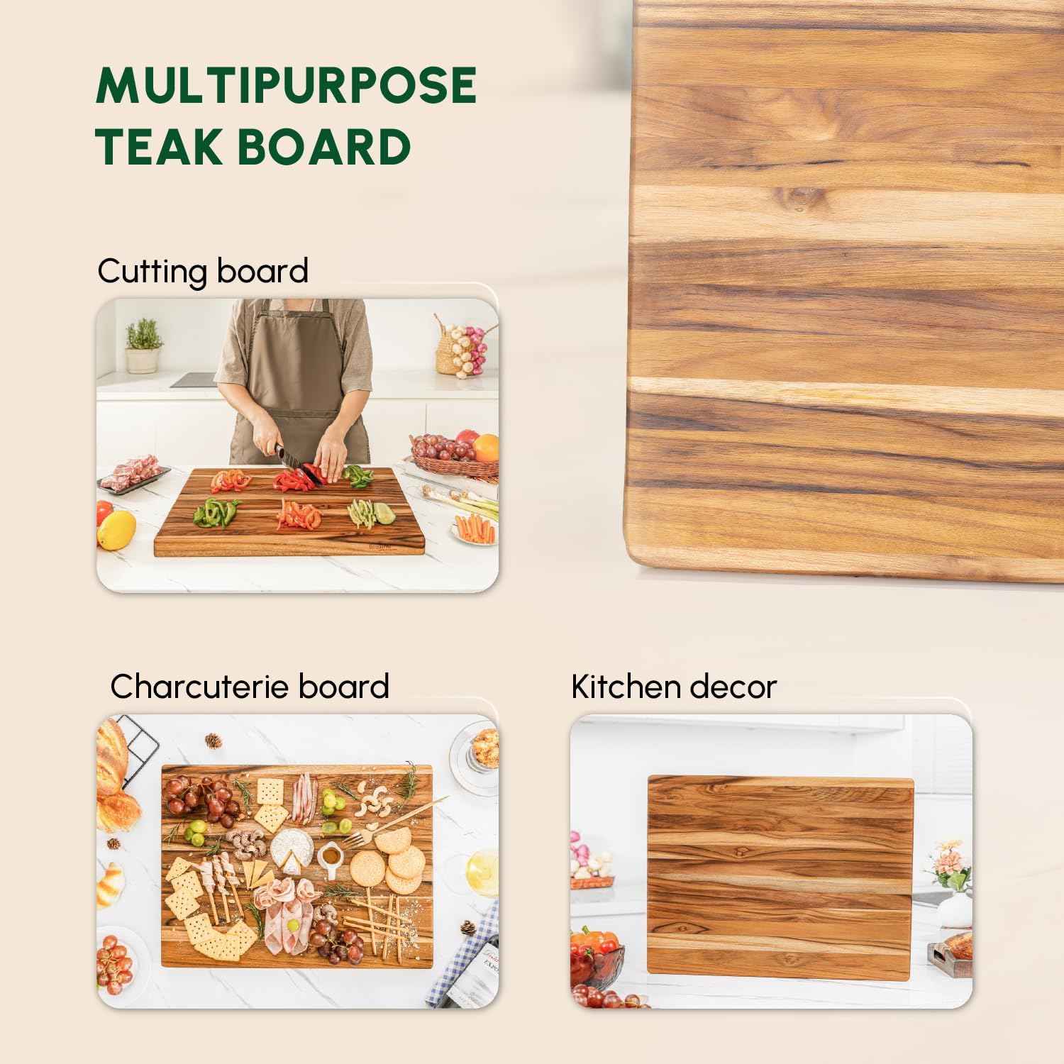 BEEFURNI Teak Wood Cutting Board with Hand Grip (20x15x1.25", M)