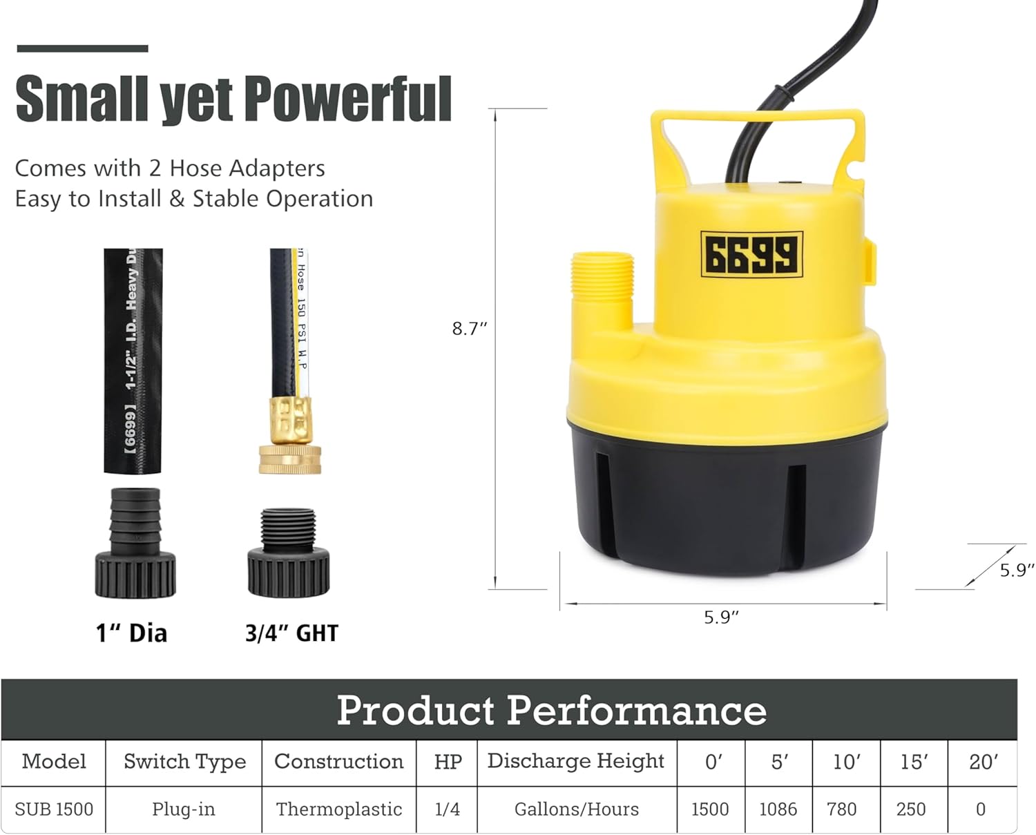 Submersible Sump Pump 1/4 HP 1500GPH Utility Pump Thermoplastic Electric Portable Transfer Water Pump with 10-Foot Cord for Pool Tub Garden Pond