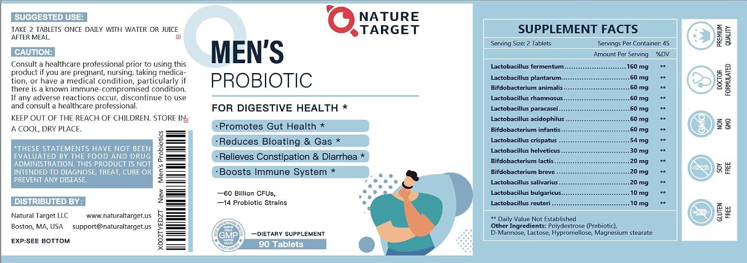 NATURE TARGET Probiotics for Men, 60 Billion CFU, 90 Veggie Tablets