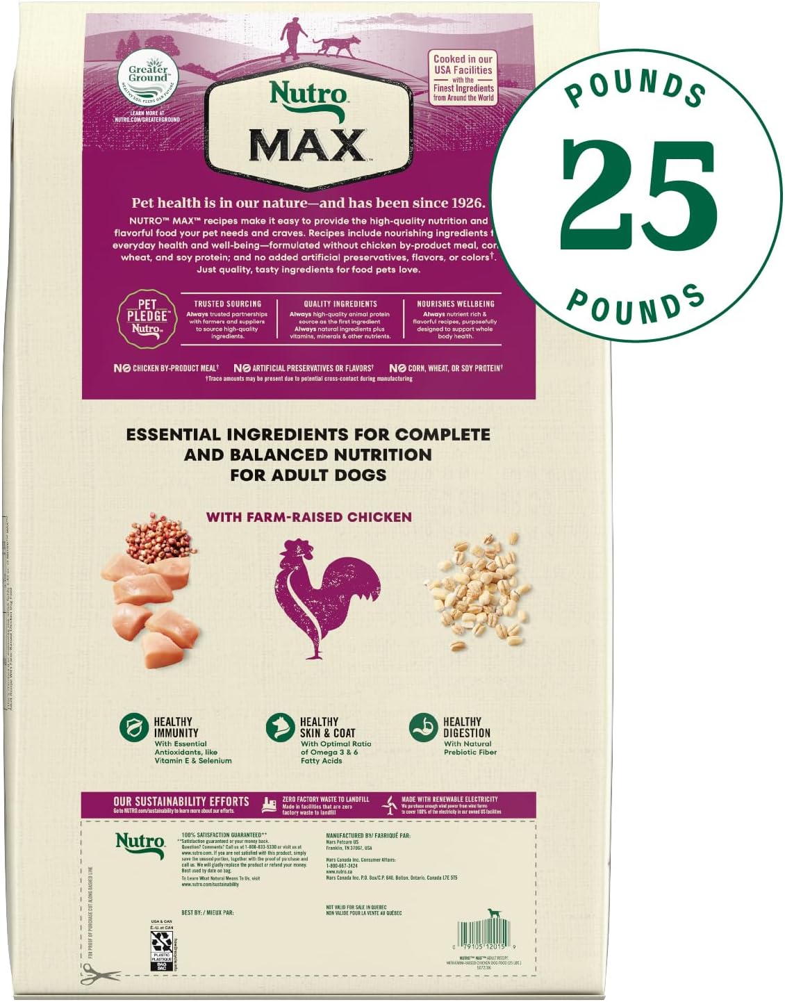 Nutro Max Adult Recipe Dry Dog Food, Farm-Raised Beef, 25 lb | Non-GMO ingredients, wholesome grains, no chicken by-product meal/corn, wheat, soy, supports muscles, energy & vitality
