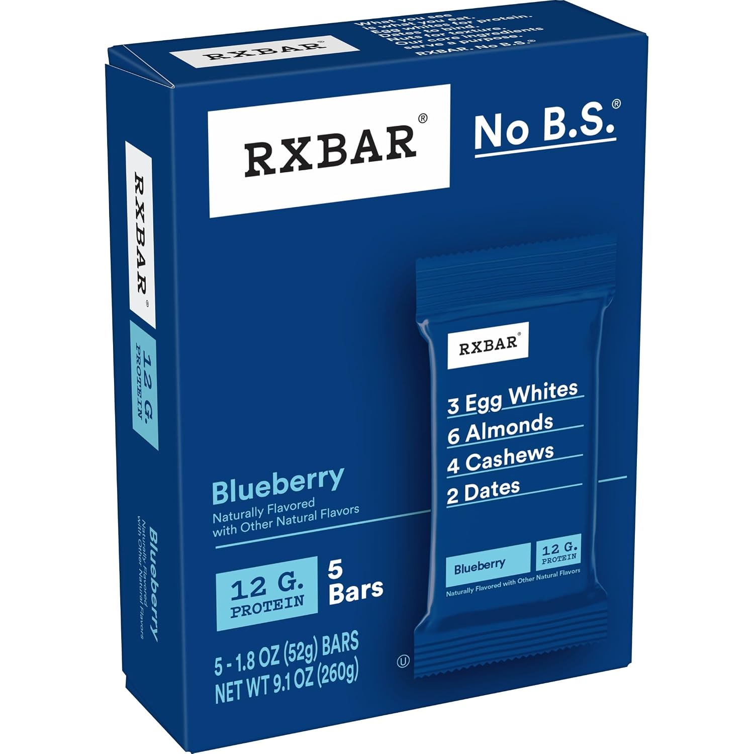 RXBAR Protein Bars, 12g Protein, Gluten Free Snacks, Blueberry, 22oz Box (12 Bars)