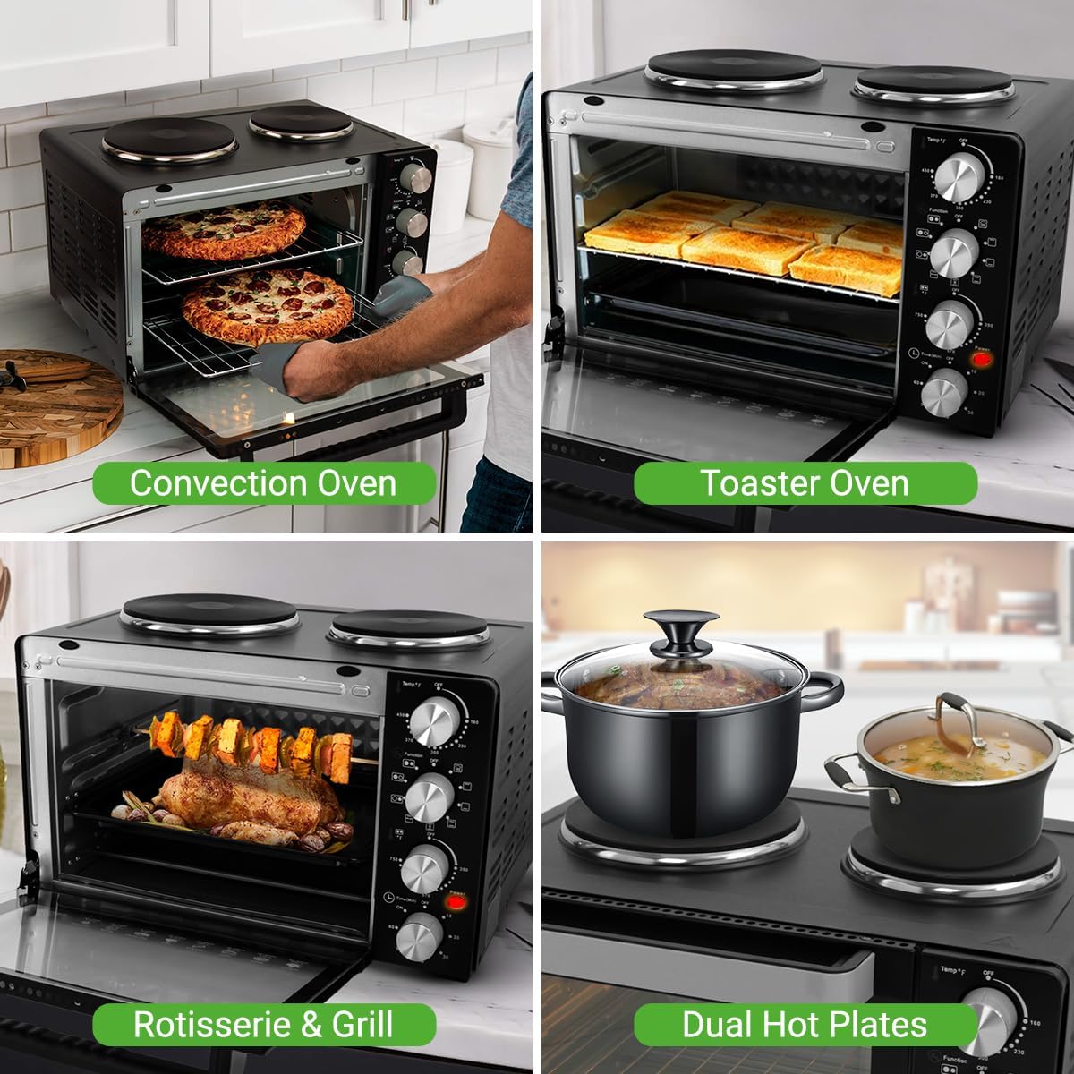 NutriChef 30 Quart Kitchen Convection Oven & 2 Burner Cooker - 1500 Watt Oven - 7 Cook Functions Rotisserie, Cook, Bake