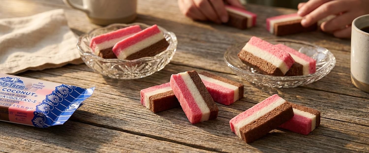Neapolitan Coconut Slice Candy Bars (Vanilla, Chocolate & Strawberry-striped moist coconut 1.65 Ounce Bars)