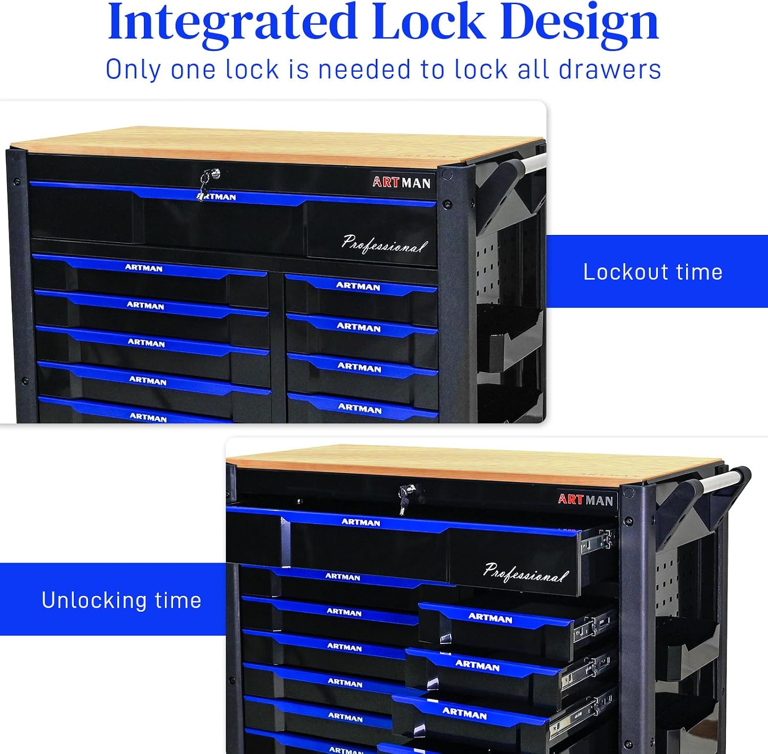 12-Drawer Rolling Tool Chest with Wood Top, Heavy Duty Cabinet | Heavy-duty metal tool chest with 12 drawers