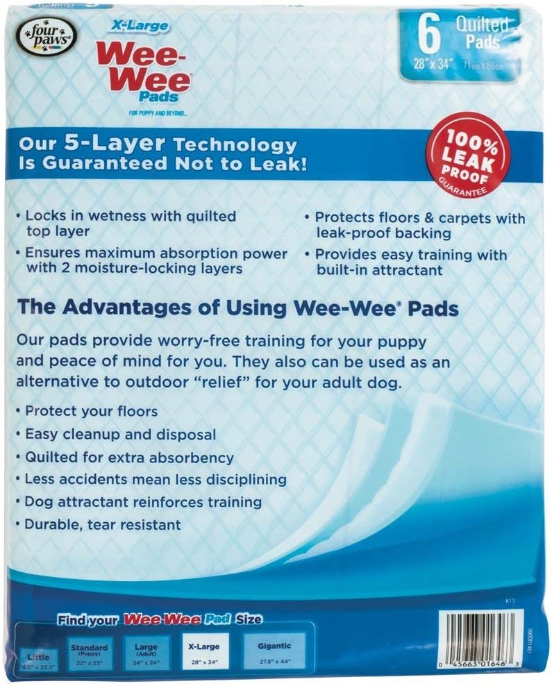 Four Paws Wee-Wee Superior Performance X-Large Dog Pee Pads, 40 Count | Puppy & dog potty training pads, housebreaking supplies, xl puppy pads, pet supplies, 24-hour floor protection, 28" x 34"