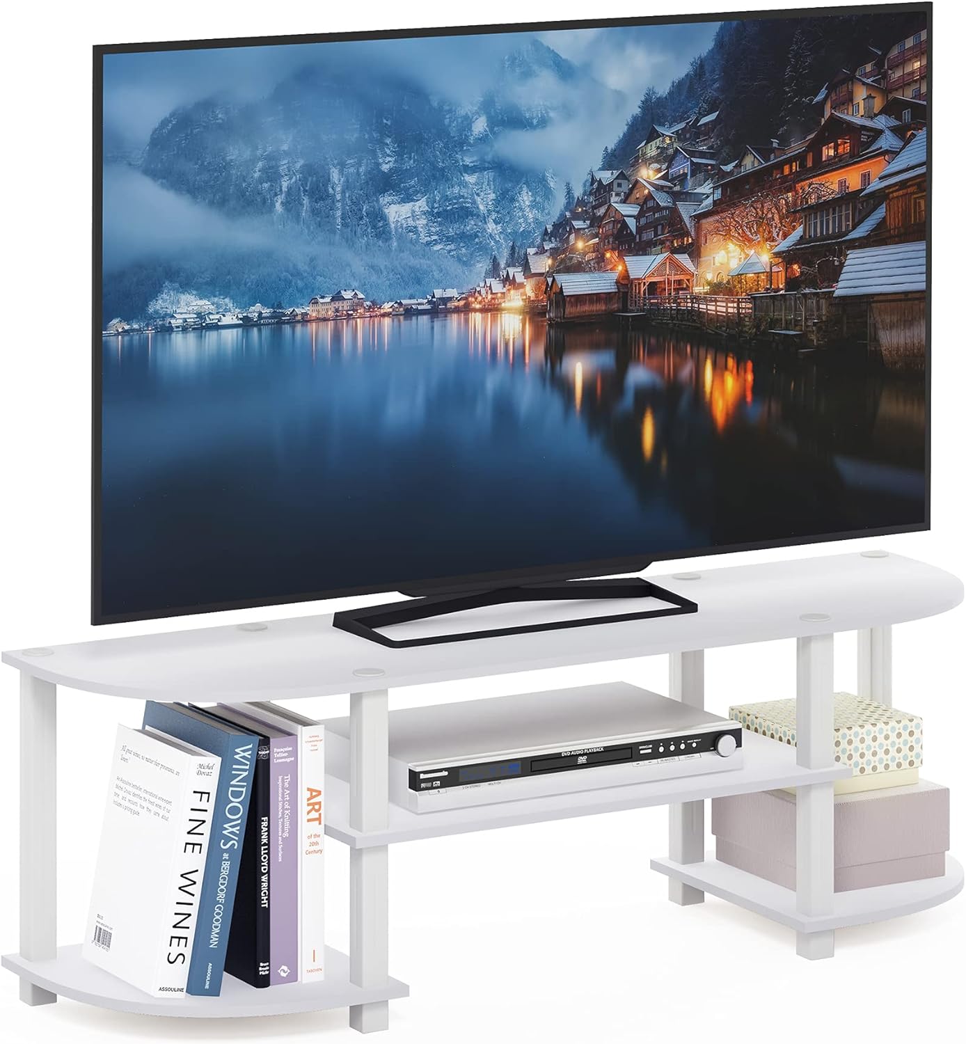 Furinno TURN-S-TUBE 3-Tier TV Stand for TVs up to 55 Inch, French Oak | Toolless Entertainment Center with Open Storage Shelves, Media Console Table with Soundbar Shelf for Living Room, Bedroom