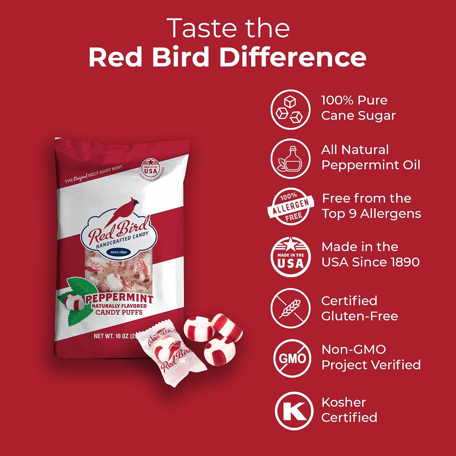 Red Bird Soft Peppermint Candy Mint Puffs, Individually Wrapped, 46 oz bag | Top 9 Allergen Free