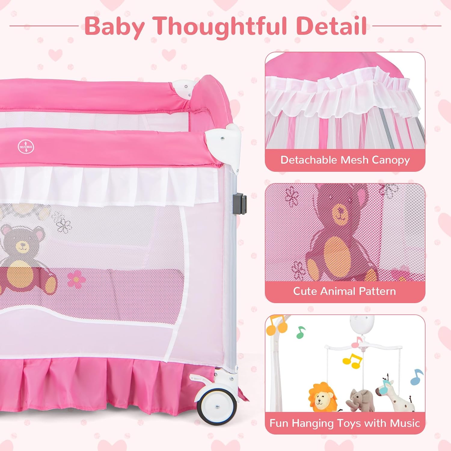 HONEY JOY 4-in-1 Pack and Play with Canopy, Portable Baby Playard w/Changing Table and Infant Bassinet Cute Toys & Music