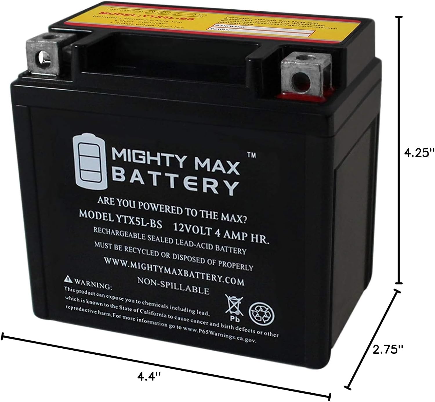 Mighty Max Battery YTX5L-BS -12 Volt 4 AH, 80 CCA, Rechargeable Maintenance Free SLA AGM Motorcycle Battery