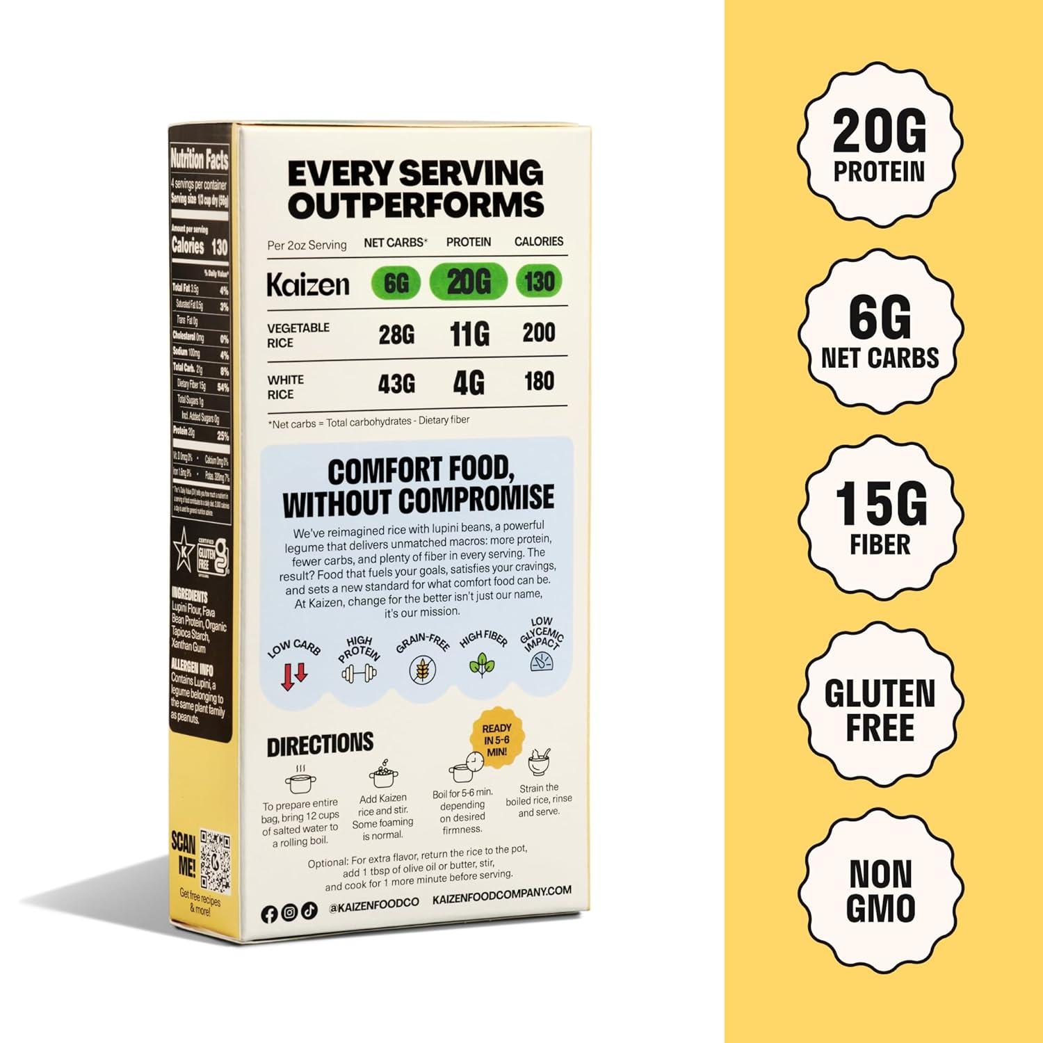 Kaizen Low Carb Rice, 20g High Protein, 6g Net Carb, Original 8 Oz (3-Pack) | High Fiber 15g, Gluten-Free, Keto-Friendly, Plant-Based Lupini Orzo