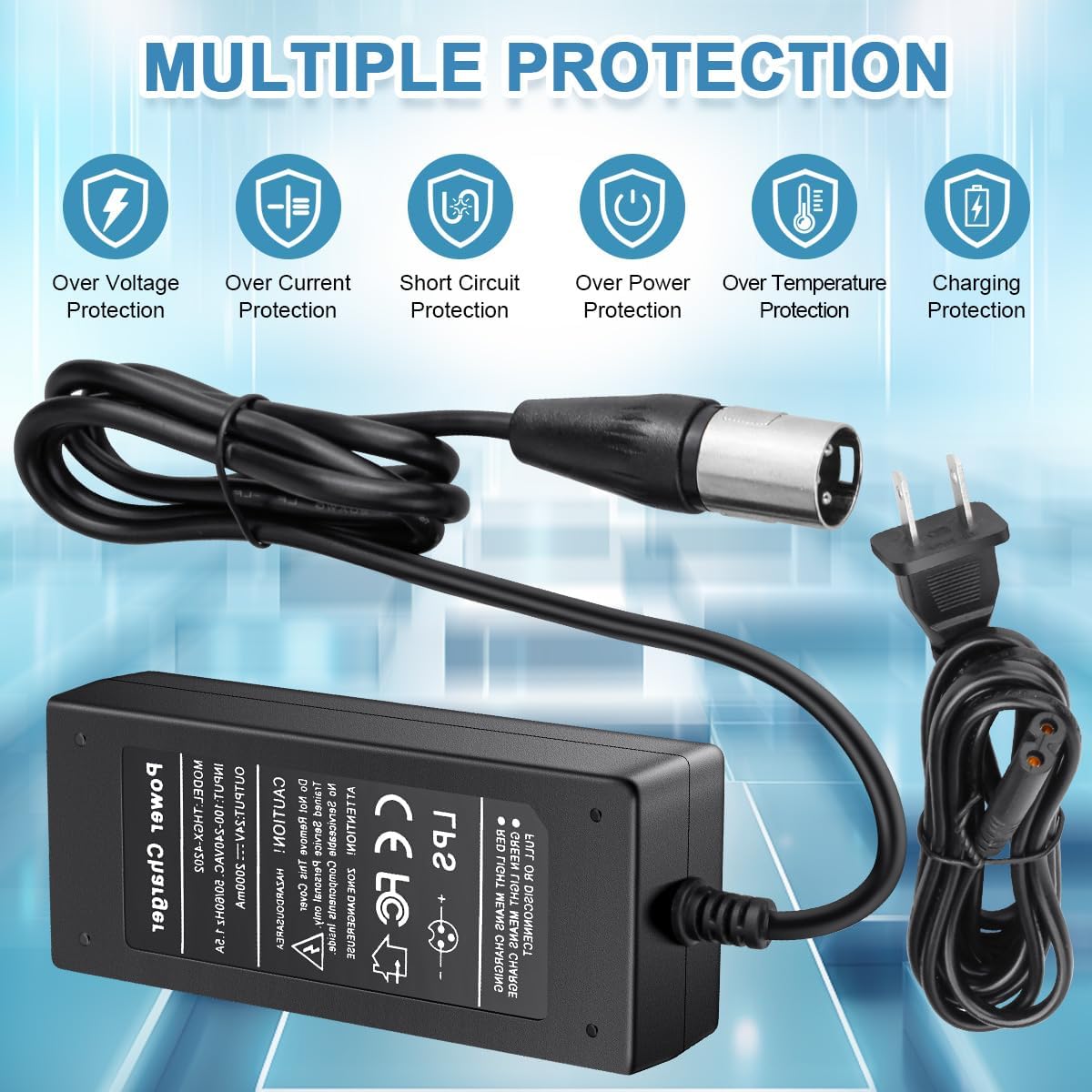 24V 2A 3-Pin XLR Electric Scooter Battery Charger for Go-Go Elite Traveller Plus HD US, Pride Mobility Scooter, Ezip Mountain Trailz