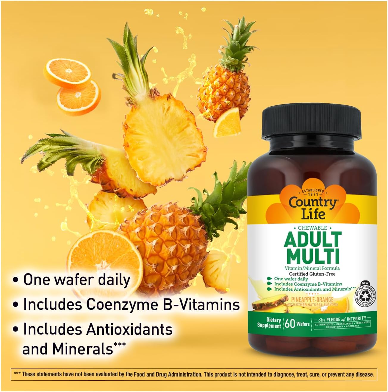 Country Life Adult Chewable Multivitamin, Pineapple Orange, 60 Wafers | 60 servings with coenzyme B vitamins