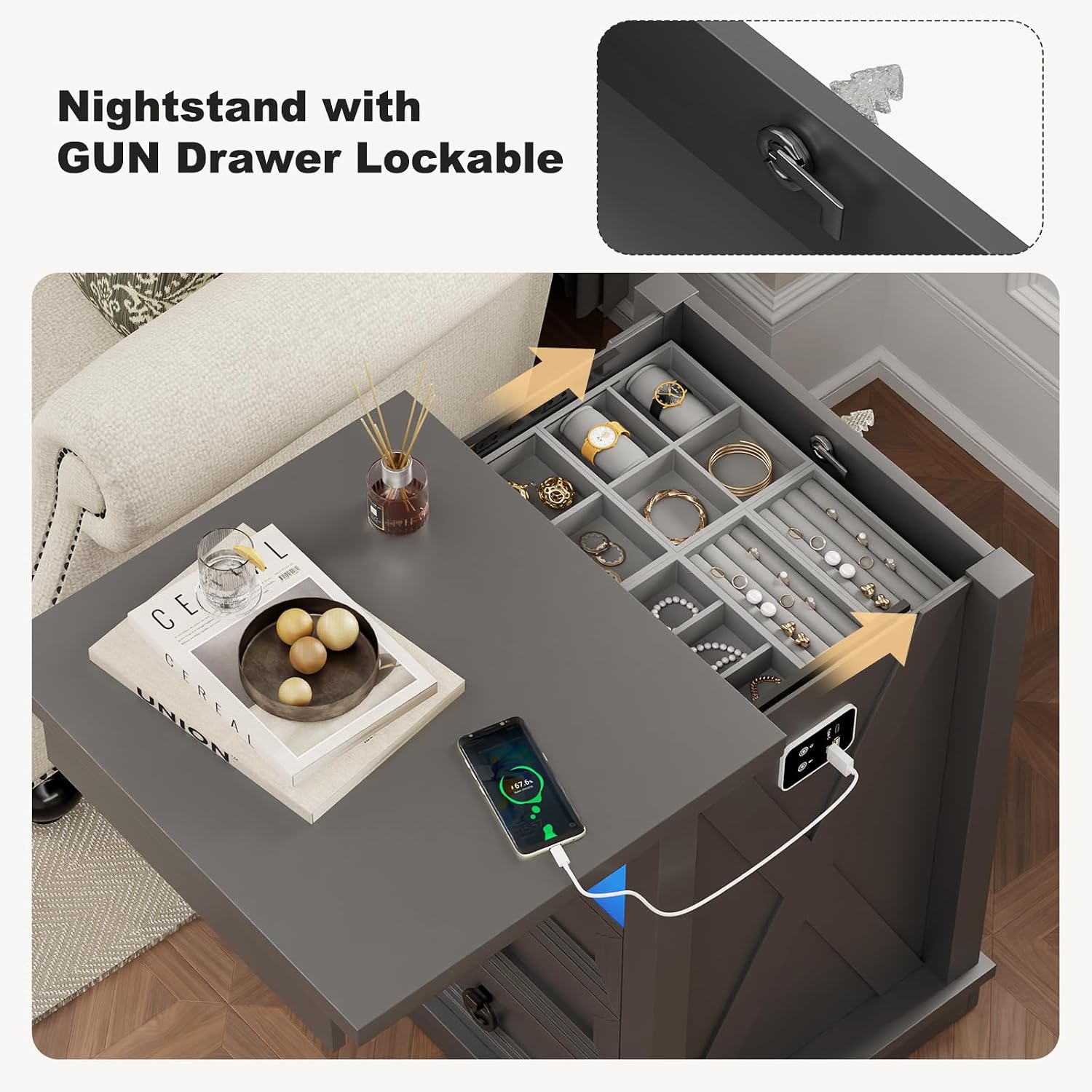 Smart LED Nightstand with Lockable Gun Drawer & Glass Top（Black） | Modern Bedside Table with Charging Station and Hidden Storage, LED Night Stand with 4 Drawers & Motion Sensor for Bedroom
