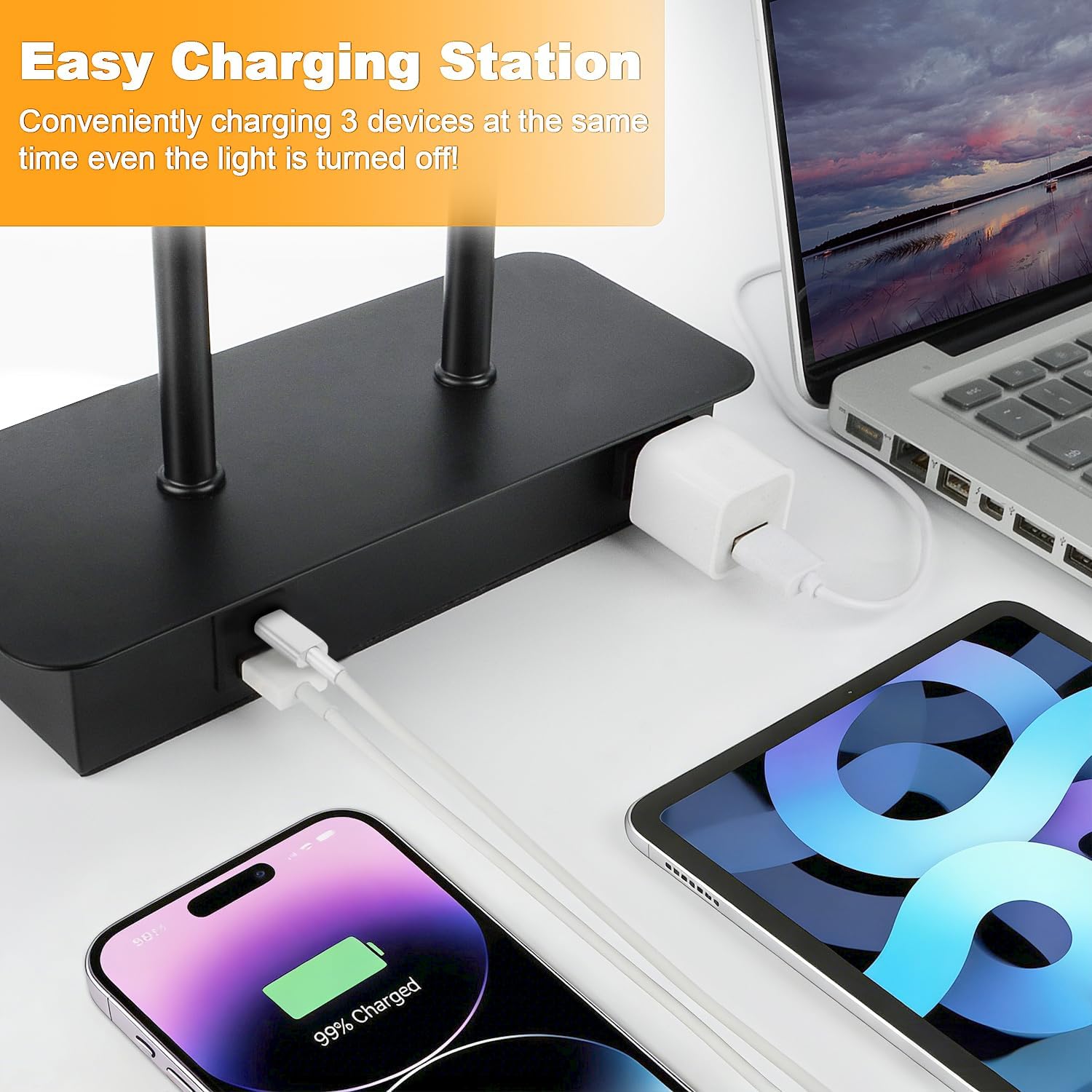 16’’ Table Lamp for Bedroom, Bedside Nightstand Lamp with LED Bulb | 3-Way Dimmable, Touch Control, 2 USB Charging Ports, AC Outlet, Modern Style