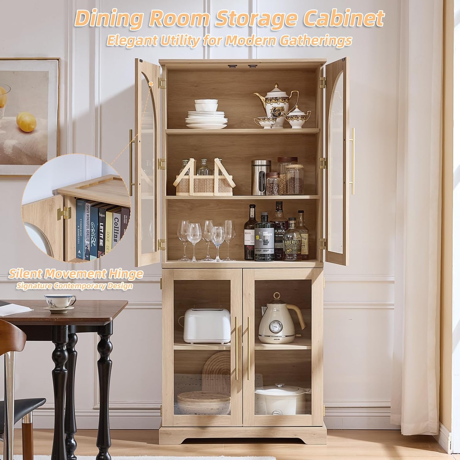 Joaxswe 72" Tall Bookshelf with 4 Curved Glass Doors, Farmhouse Bookcase with 3-Tier Adjustable Shelves, Modern Living Room Display Cabinet, Large Storage Cabinet for Home Office,Dining Room, Natural