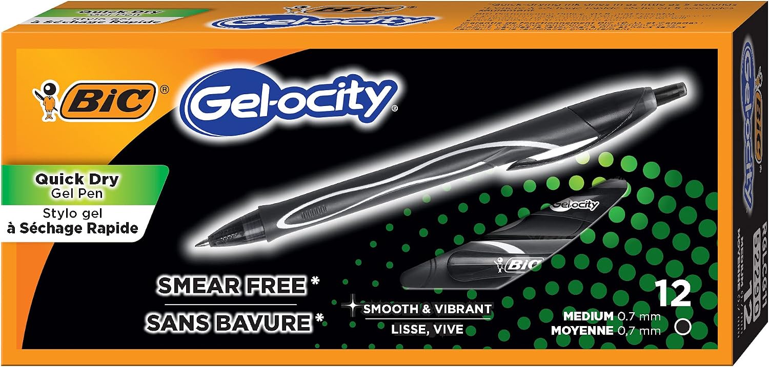 BIC Gelocity Quick Dry Black Gel Pens, Medium Point, 0.7 mm, 12-Count | Quick Dry Ink Resists Smearing | Full-Length Comfort Grip | Ideal for Students and Teachers | 12 Pens in Pack
