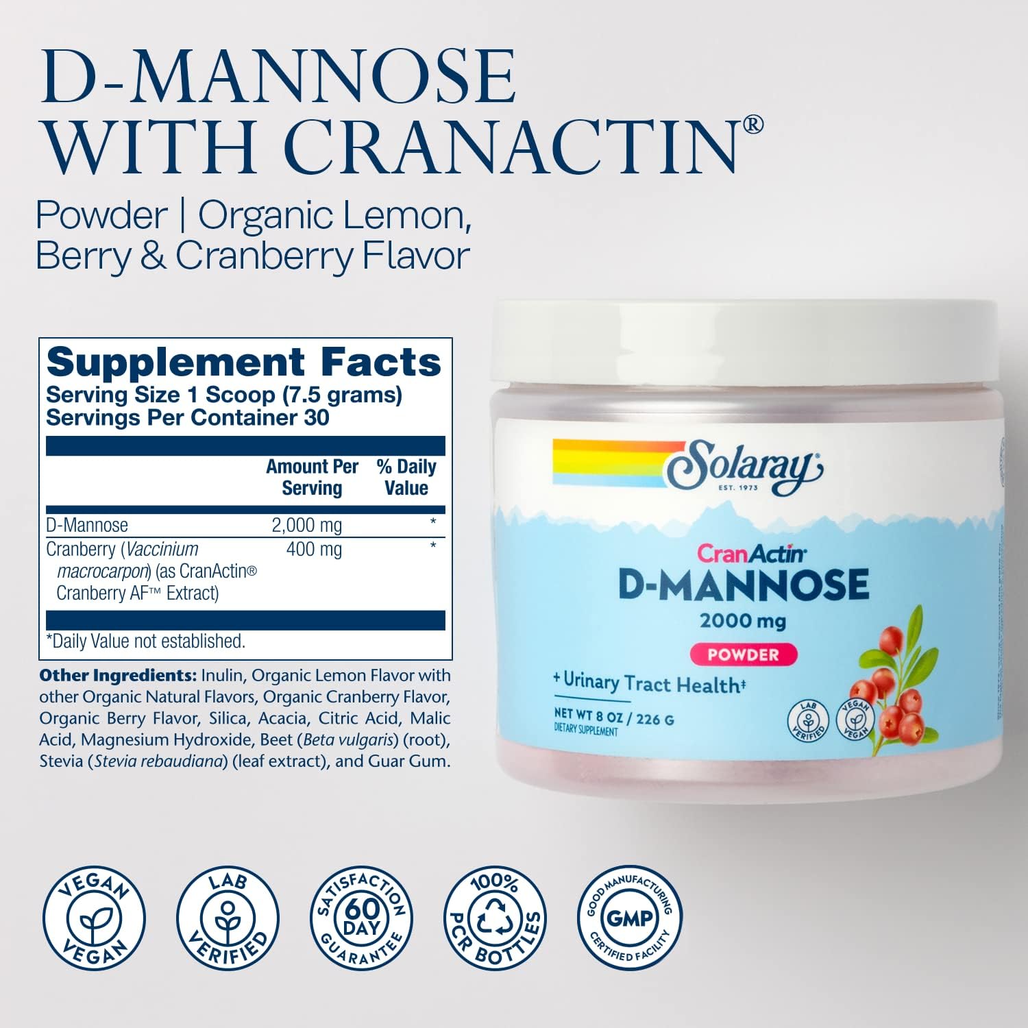 SOLARAY D-Mannose with CranActin Cranberry AF Extract Powder, 2000 mg, 400 mg of Cranberry Extract, Healthy Urinary Tract Support