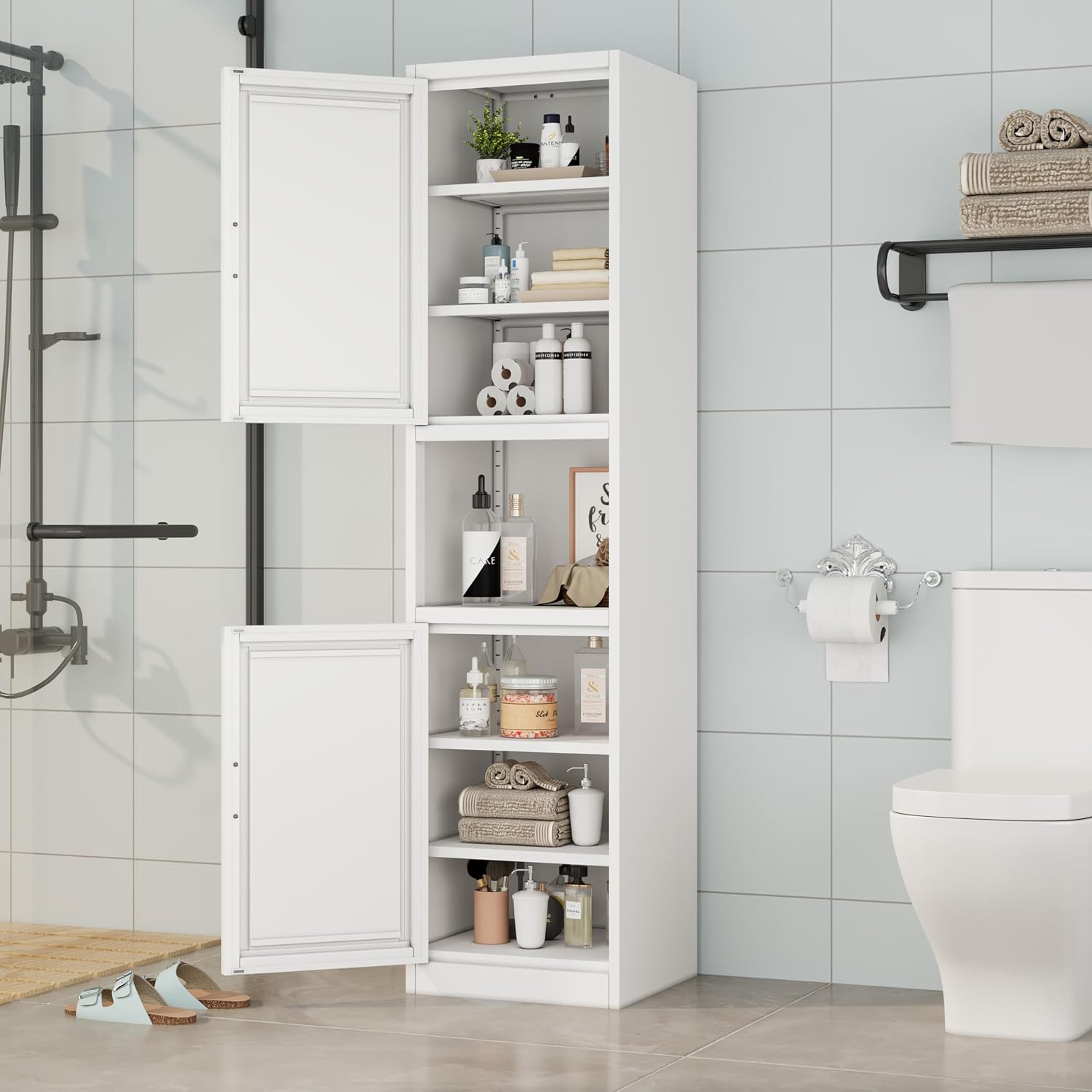 Ckzbx Tall Narrow Storage Cabinet 66.93" H Tall Bathroom Cabinet Metal Pantry Cabinets, 4 Adjustable Shelves for Kitchen, Home Office, Living Room, Dinning Room (20 inches Wide White)